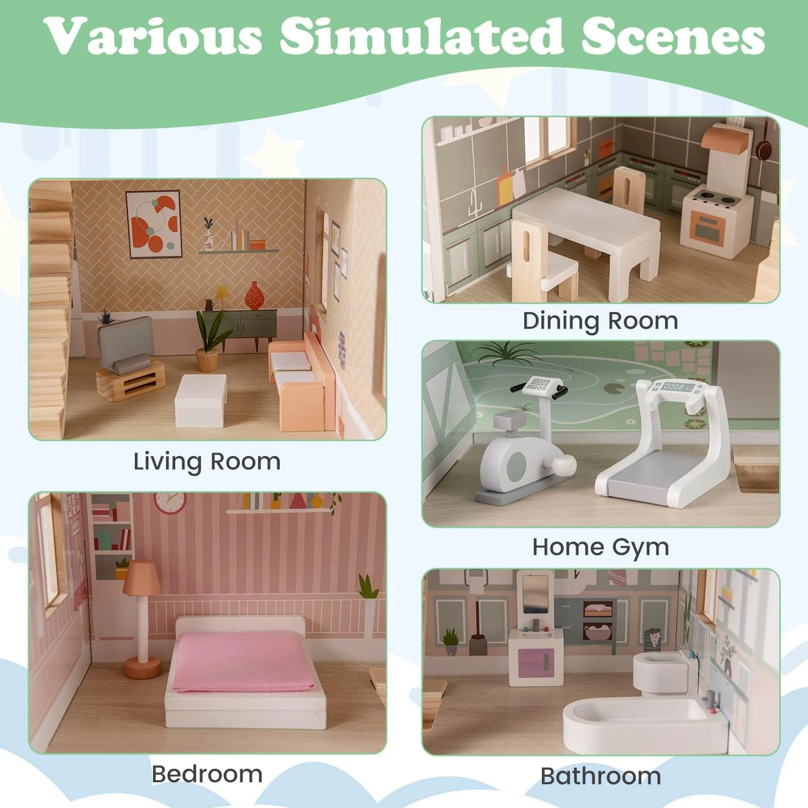 HONEY JOY Kids Wooden Dollhouse, 3 Level Doll House Playset - Image 4