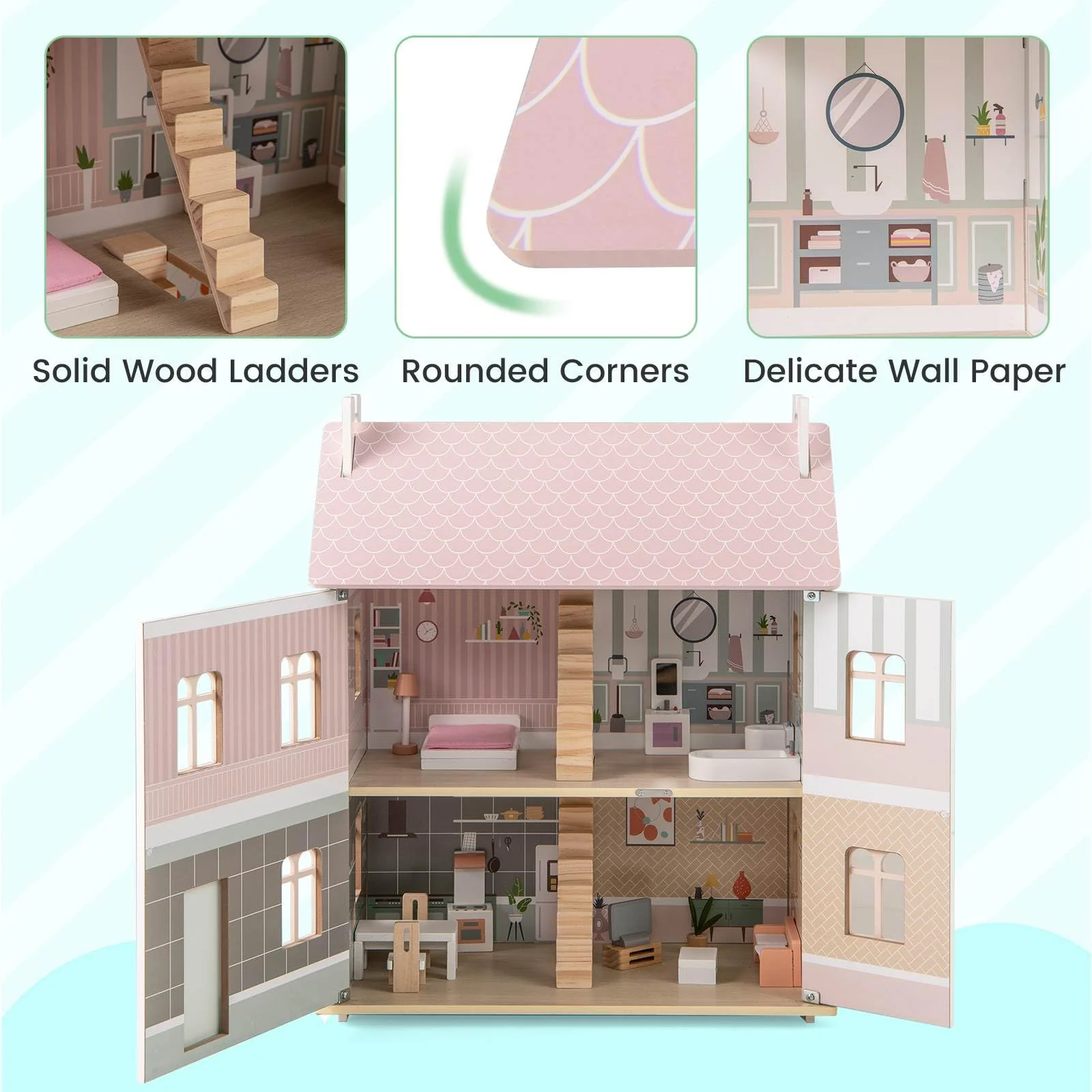 HONEY JOY Kids Wooden Dollhouse, 3 Level Doll House Playset - Image 6