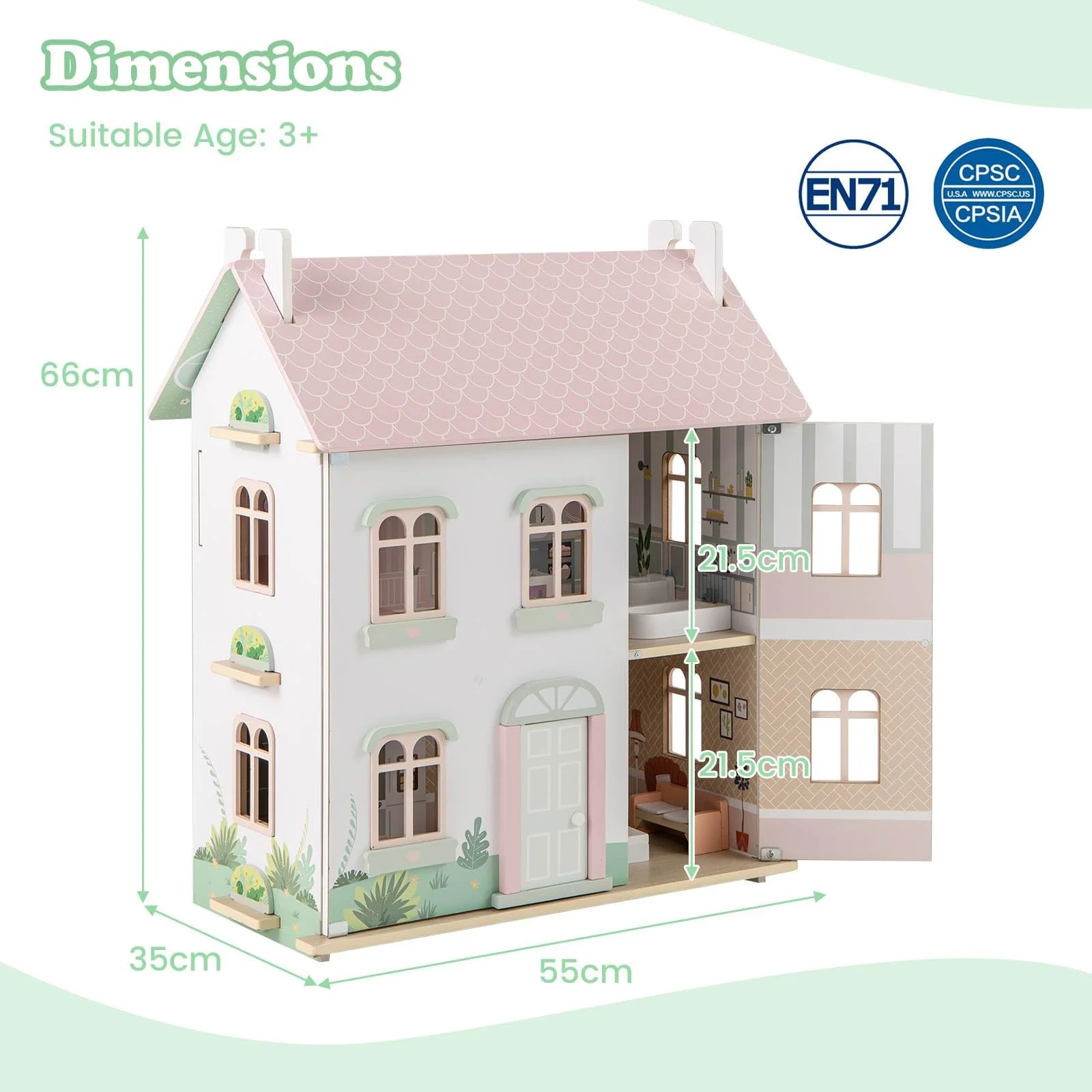HONEY JOY Kids Wooden Dollhouse, 3 Level Doll House Playset - Image 7