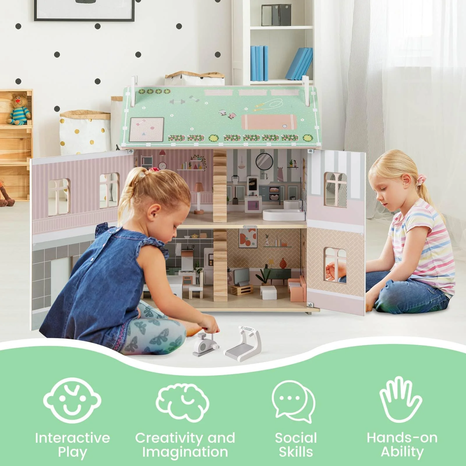 HONEY JOY Kids Wooden Dollhouse, 3 Level Doll House Playset - Image 8