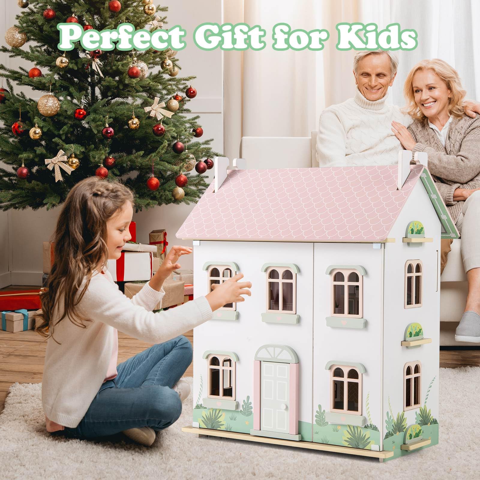 HONEY JOY Kids Wooden Dollhouse, 3 Level Doll House Playset - Image 9