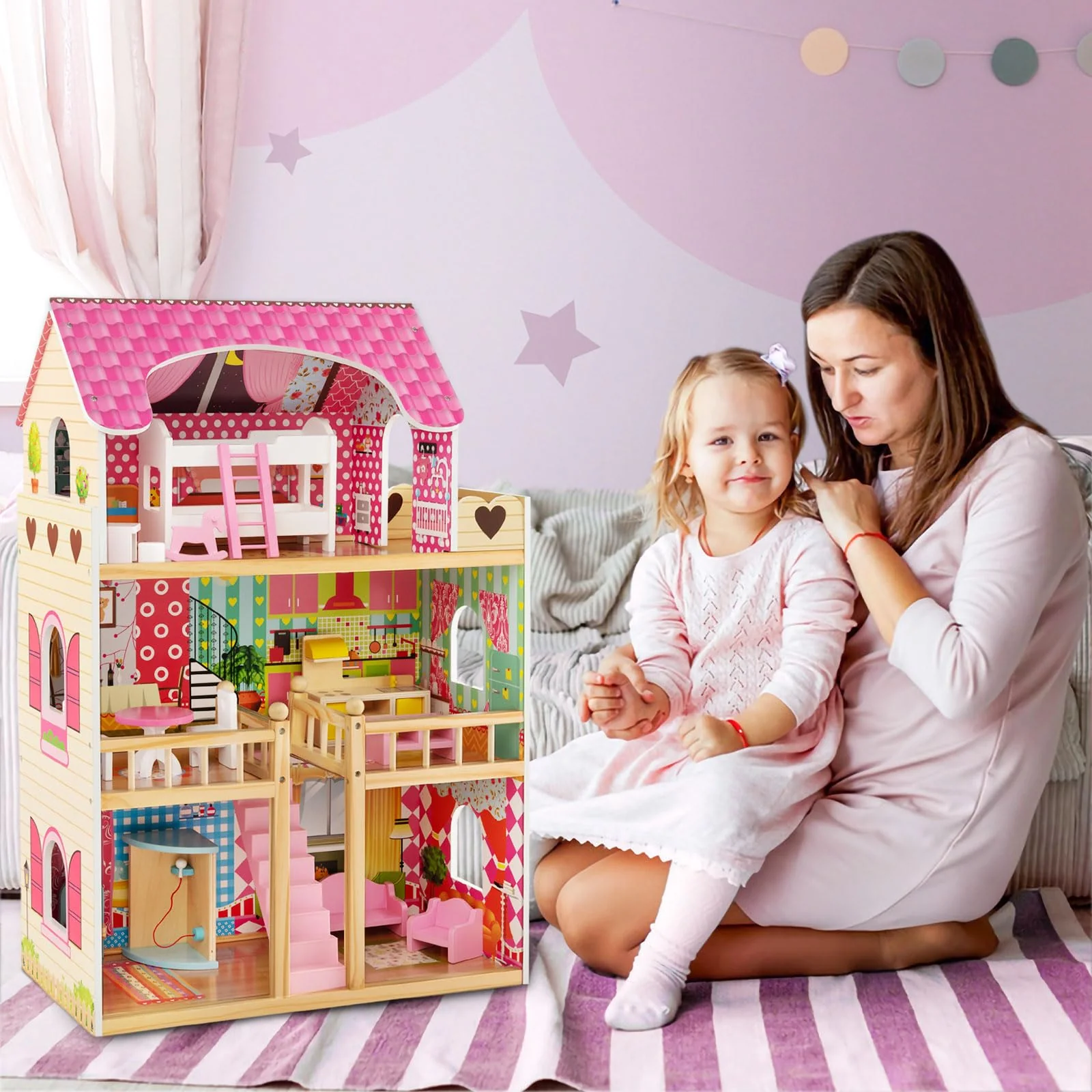 HONEY JOY Kids Wooden Dollhouse Playset w/15 Furniture Accessories - Image 3