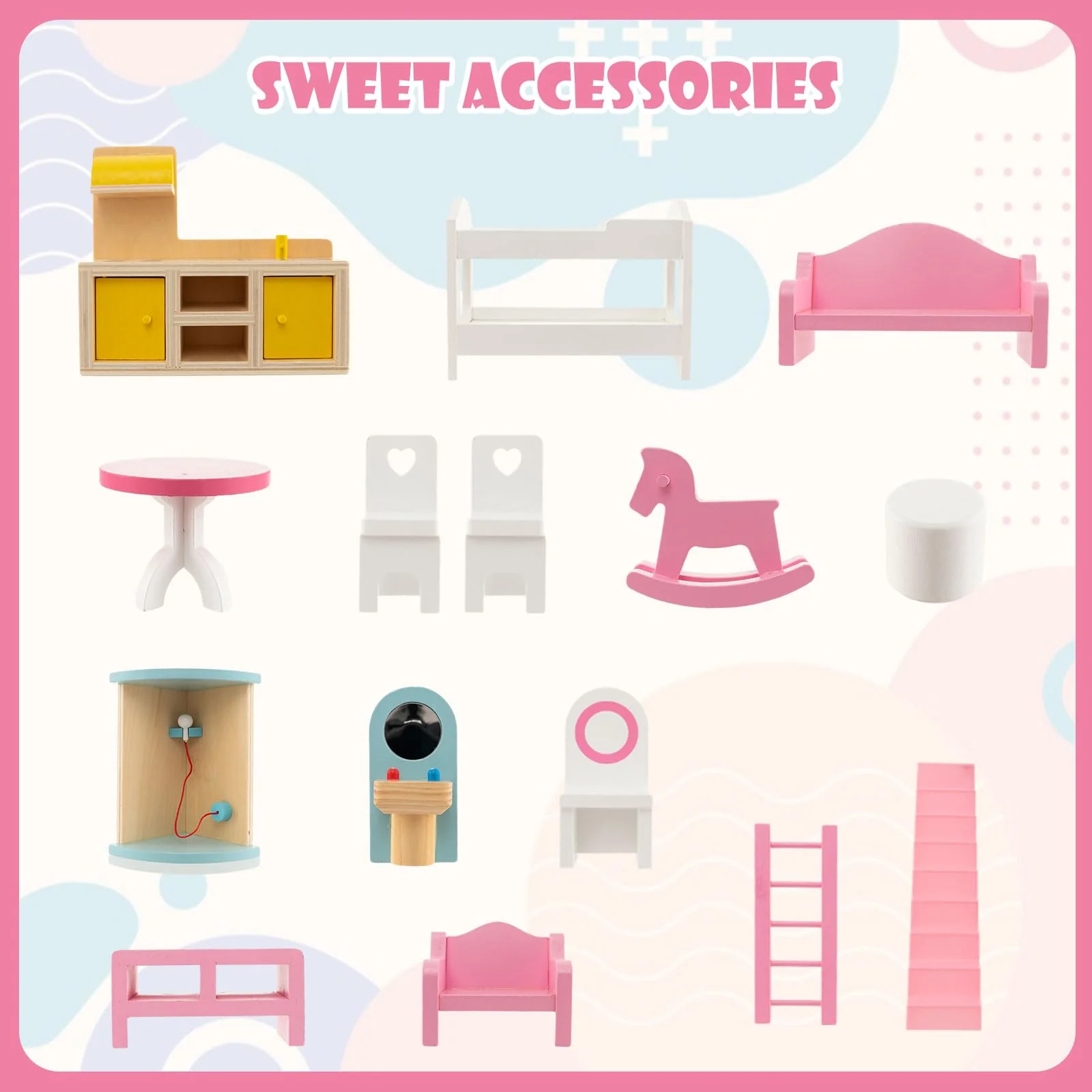 HONEY JOY Kids Wooden Dollhouse Playset w/15 Furniture Accessories - Image 4