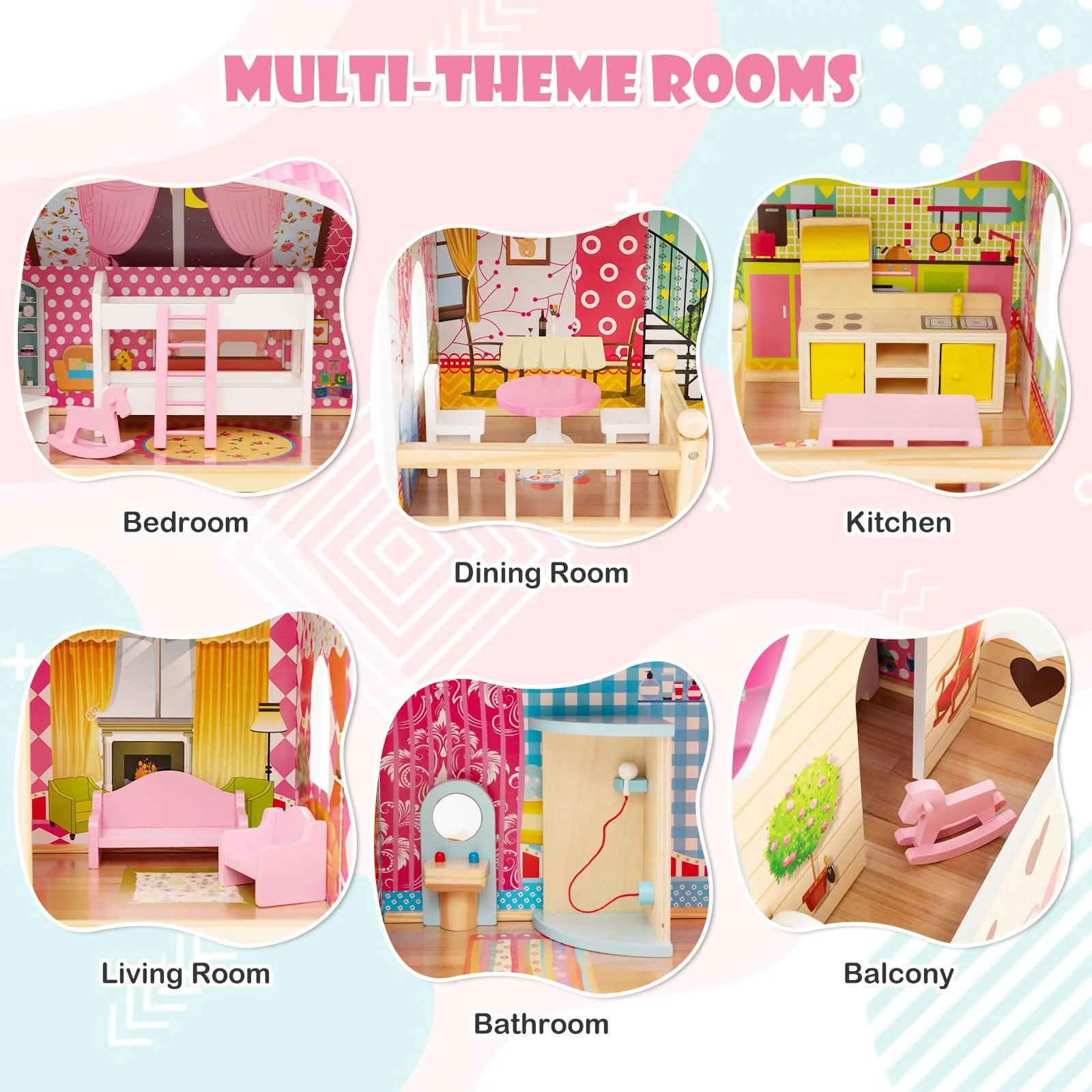 HONEY JOY Kids Wooden Dollhouse Playset w/15 Furniture Accessories - Image 5