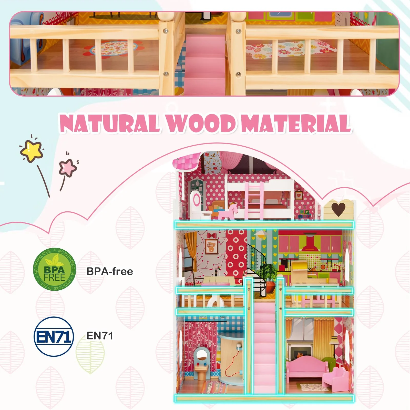HONEY JOY Kids Wooden Dollhouse Playset w/15 Furniture Accessories - Image 6
