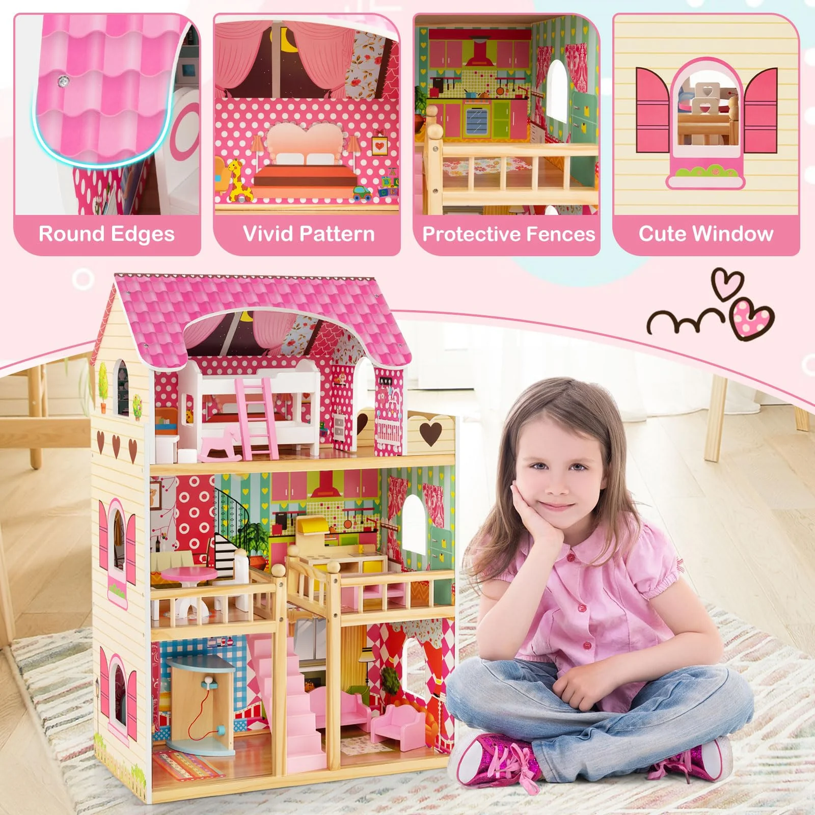 HONEY JOY Kids Wooden Dollhouse Playset w/15 Furniture Accessories - Image 7
