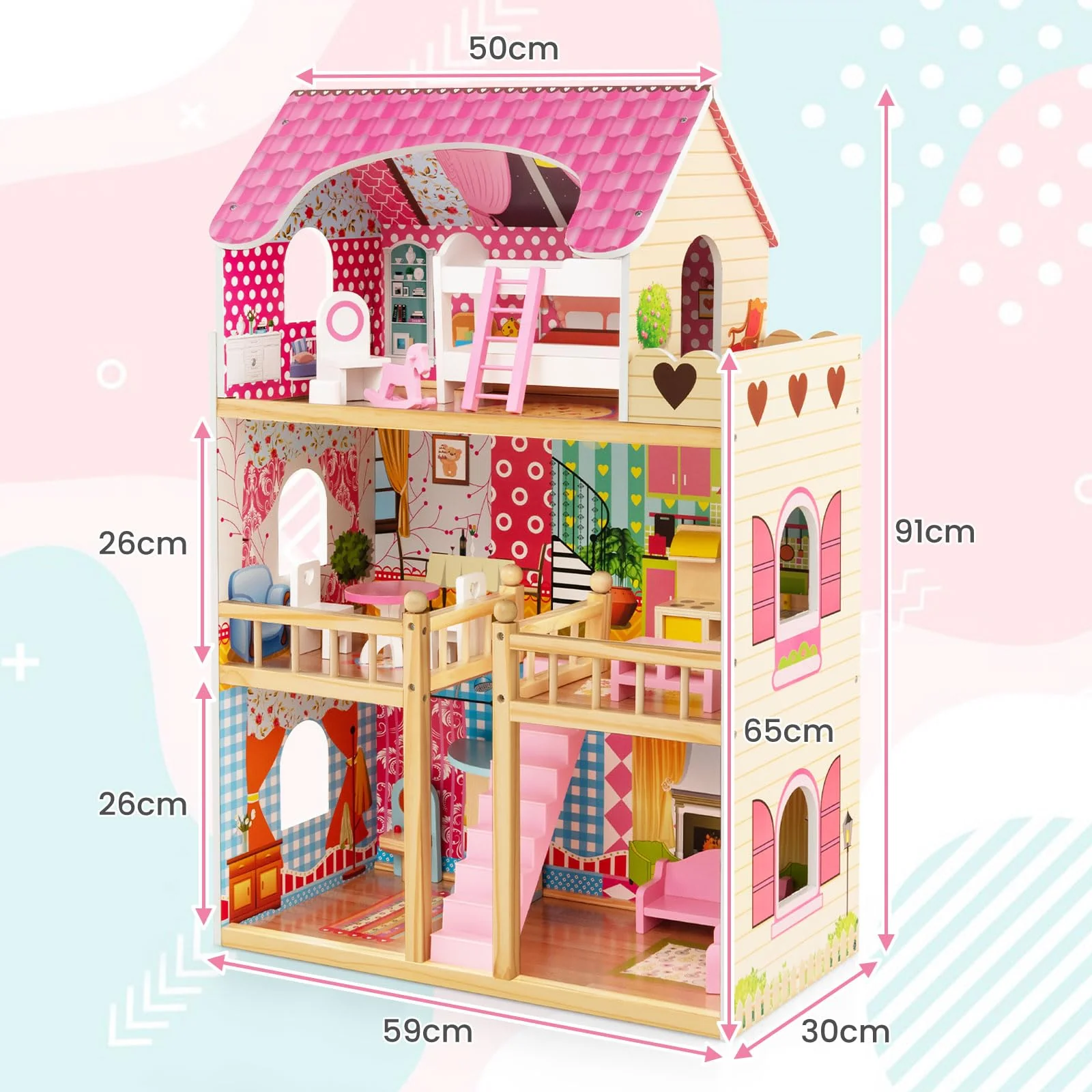 HONEY JOY Kids Wooden Dollhouse Playset w/15 Furniture Accessories - Image 8