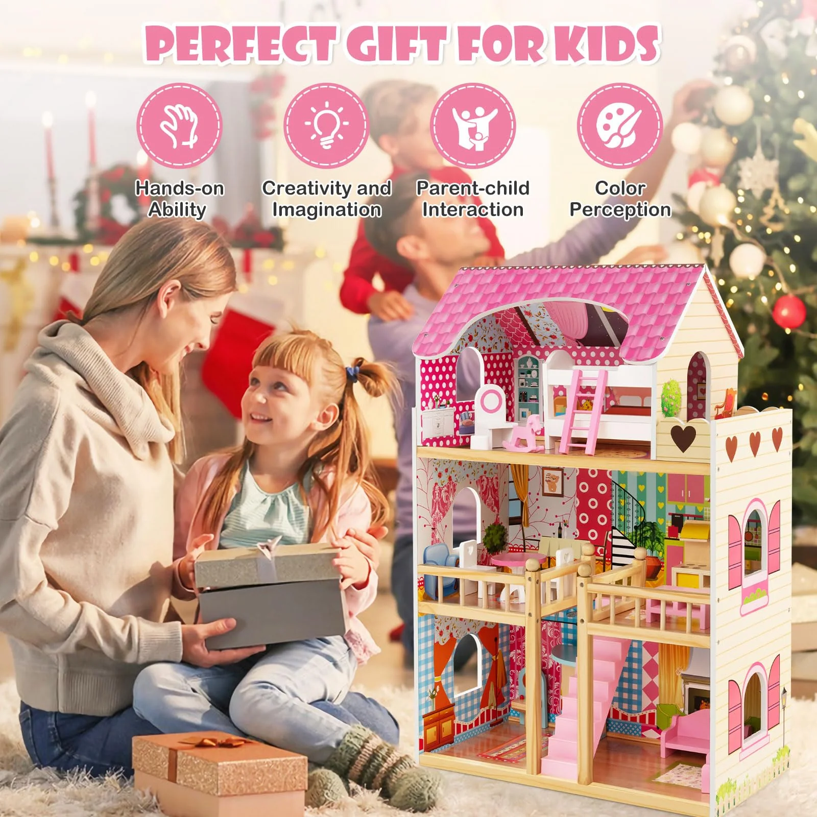 HONEY JOY Kids Wooden Dollhouse Playset w/15 Furniture Accessories - Image 9