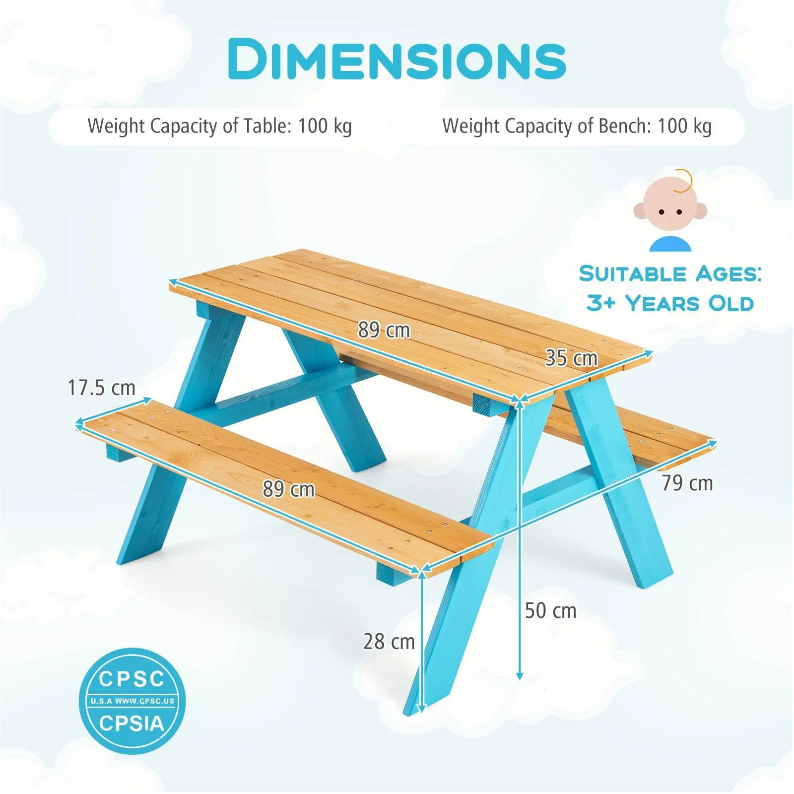 HONEY JOY Kids Wooden Picnic Table Set, Outdoor Children Table with Bench Seats - Image 3