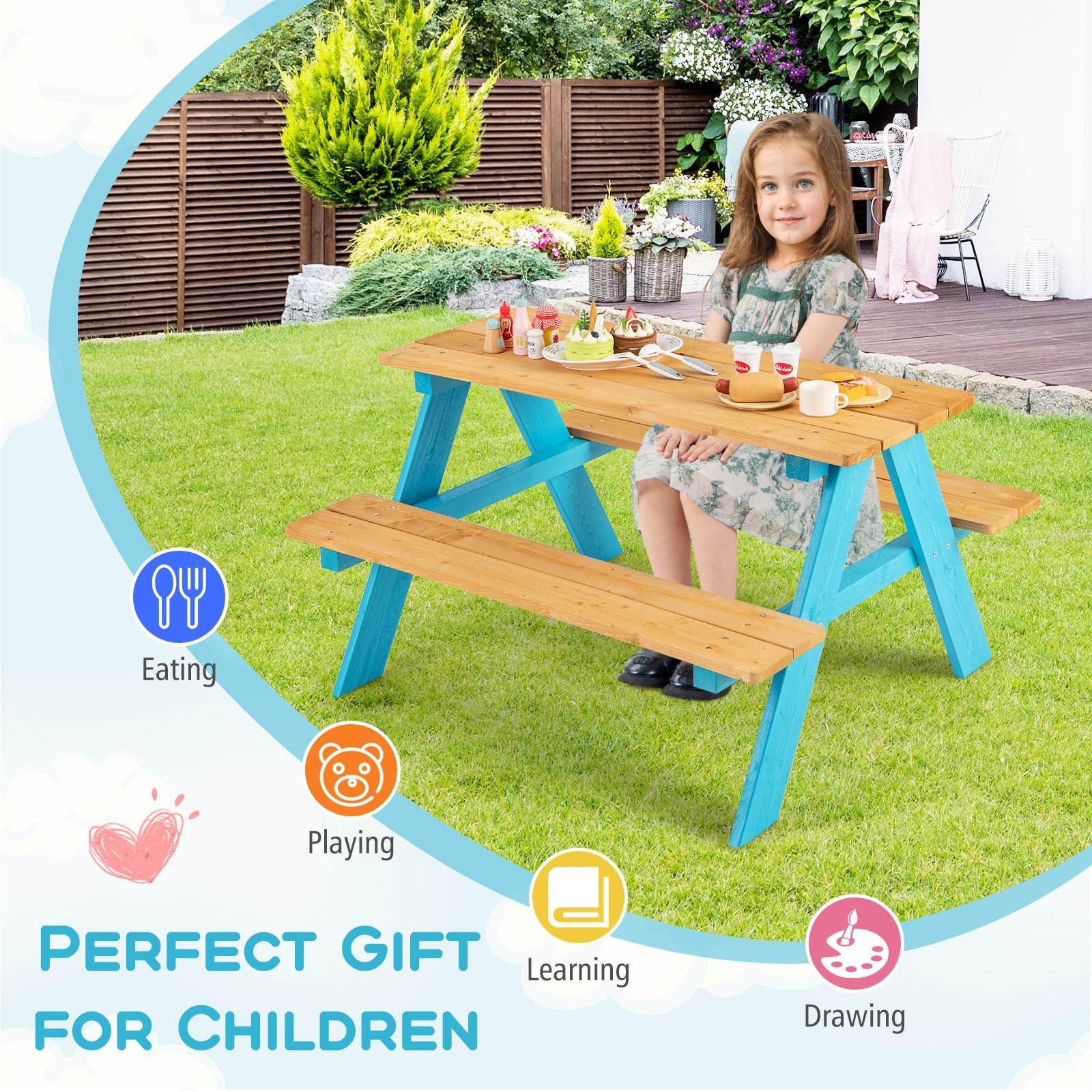 HONEY JOY Kids Wooden Picnic Table Set, Outdoor Children Table with Bench Seats - Image 5