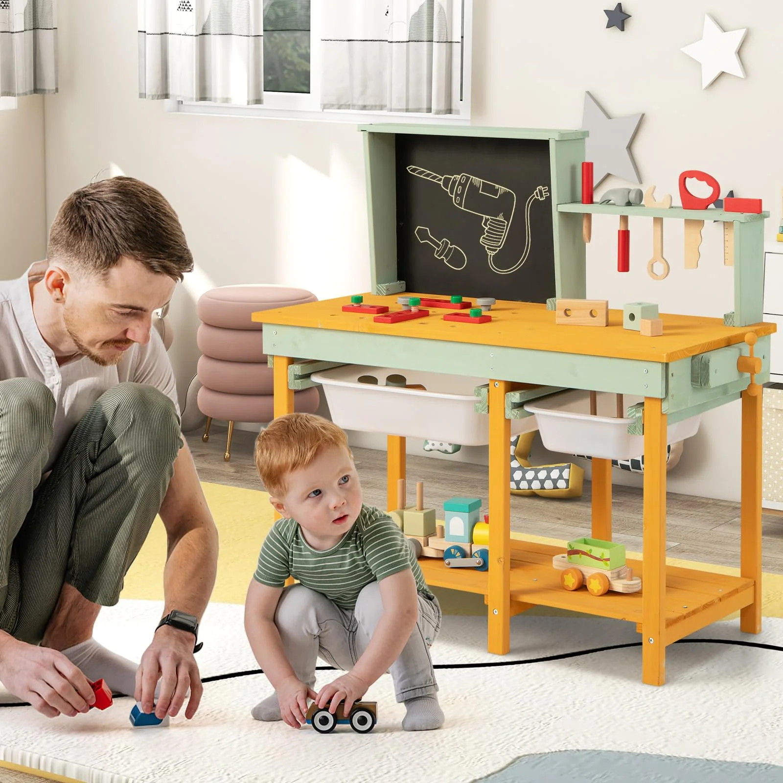HONEY JOY Kids Wooden Toy Workbench, Deluxe Construction Bench Toy for Kids Toddlers w/Storage Space & Blackboard - Image 2