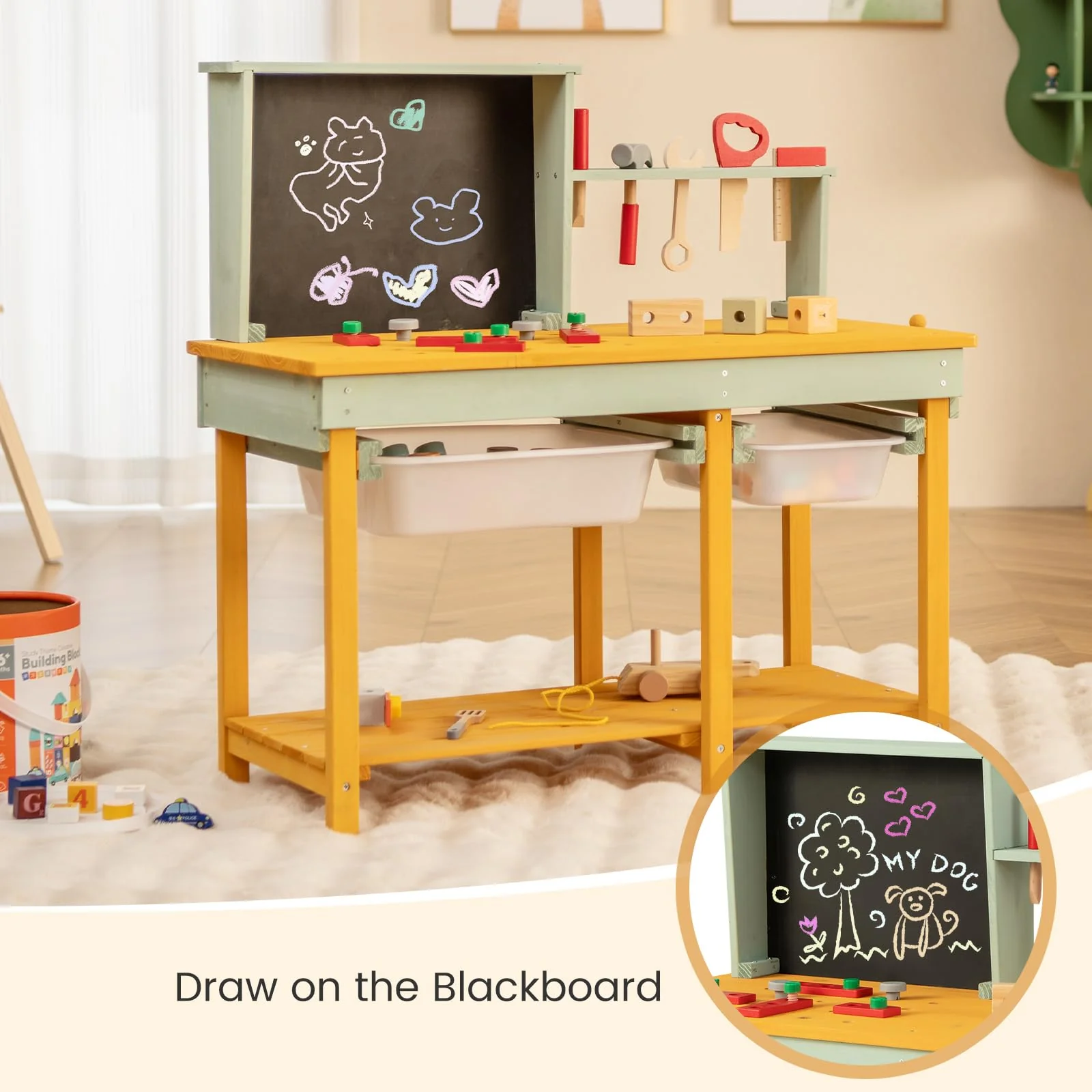 HONEY JOY Kids Wooden Toy Workbench, Deluxe Construction Bench Toy for Kids Toddlers w/Storage Space & Blackboard - Image 3