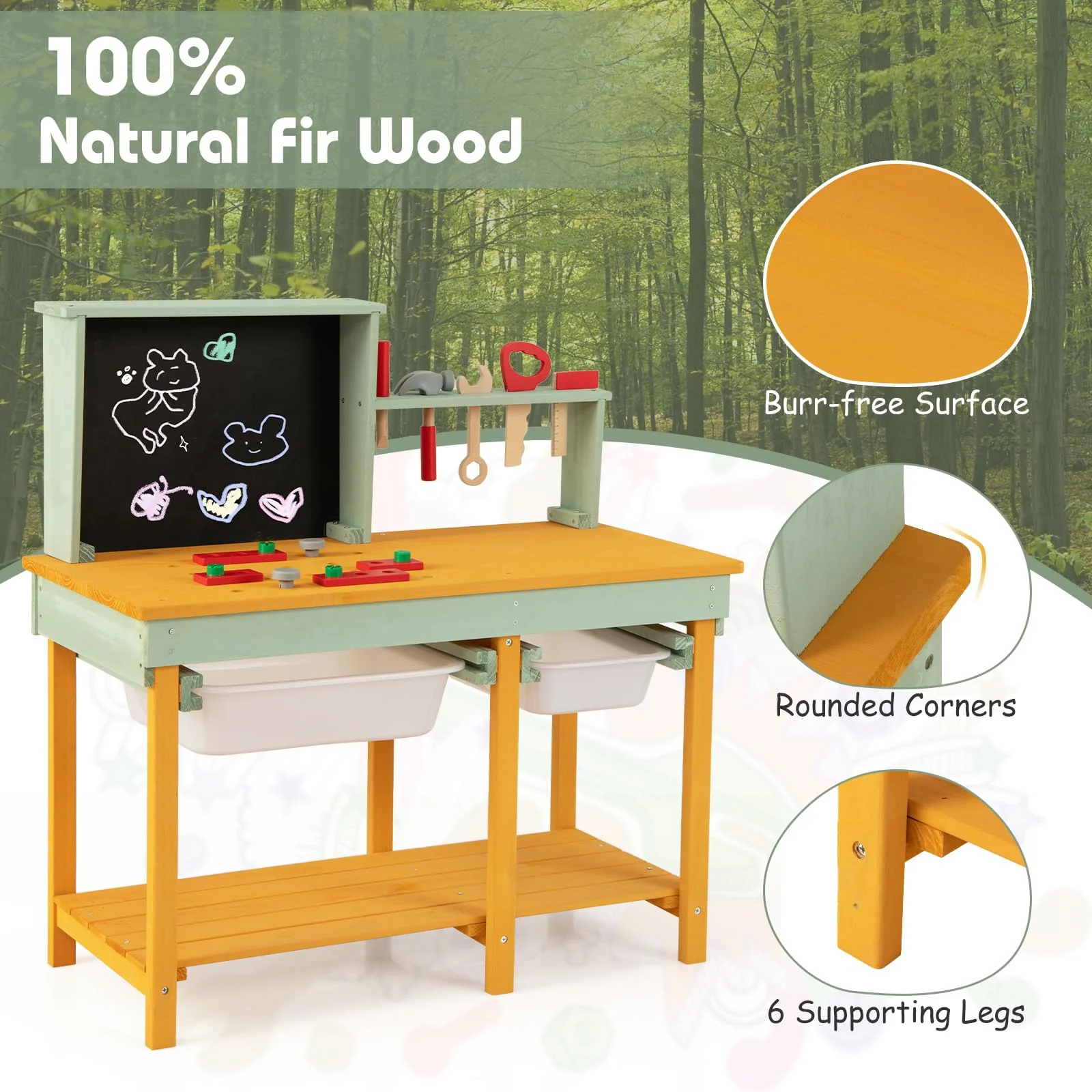 HONEY JOY Kids Wooden Toy Workbench, Deluxe Construction Bench Toy for Kids Toddlers w/Storage Space & Blackboard - Image 4