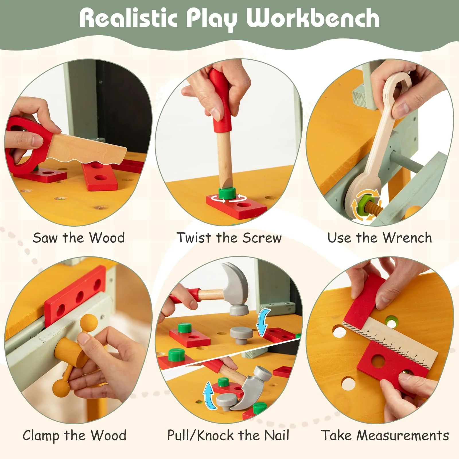 HONEY JOY Kids Wooden Toy Workbench, Deluxe Construction Bench Toy for Kids Toddlers w/Storage Space & Blackboard - Image 5