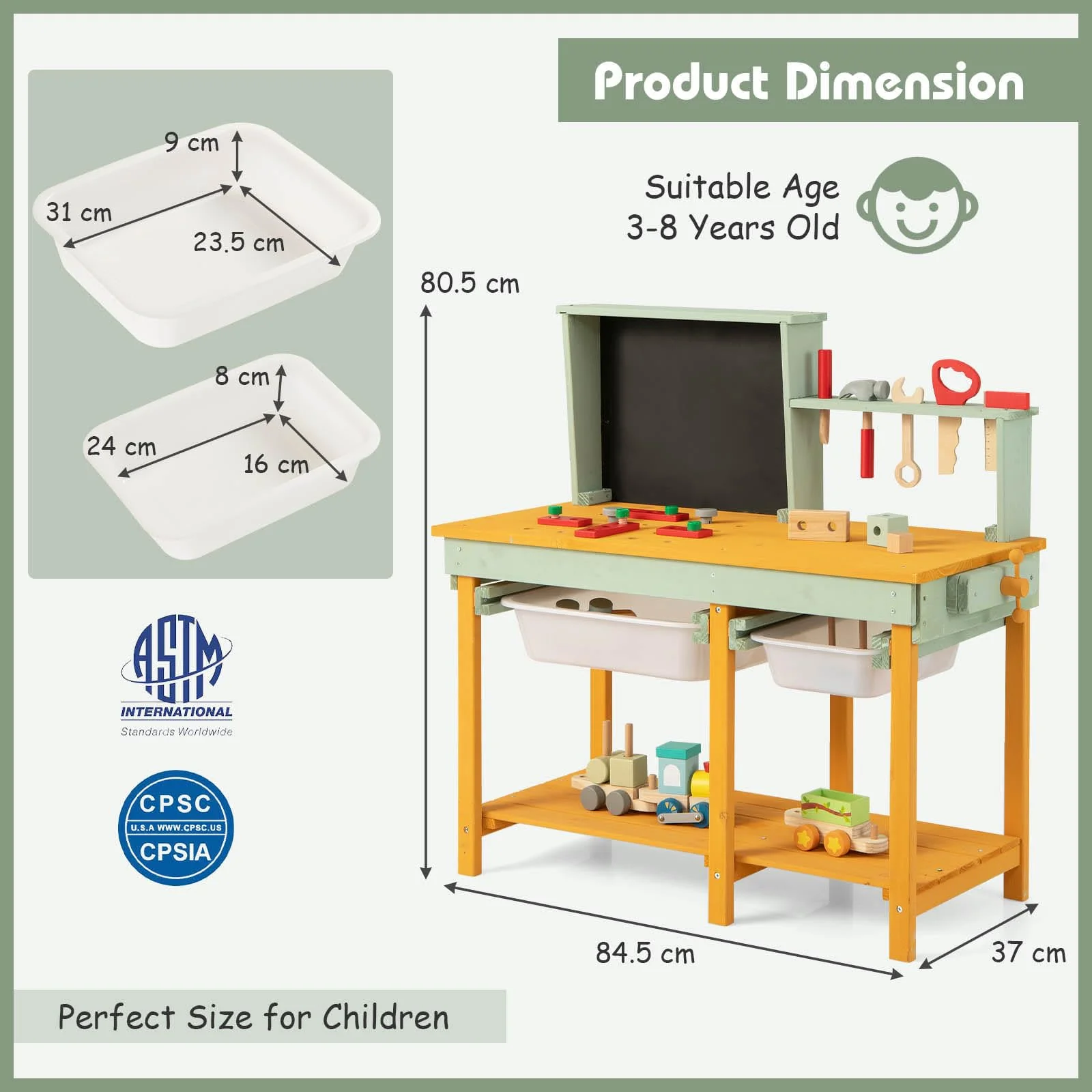HONEY JOY Kids Wooden Toy Workbench, Deluxe Construction Bench Toy for Kids Toddlers w/Storage Space & Blackboard - Image 7
