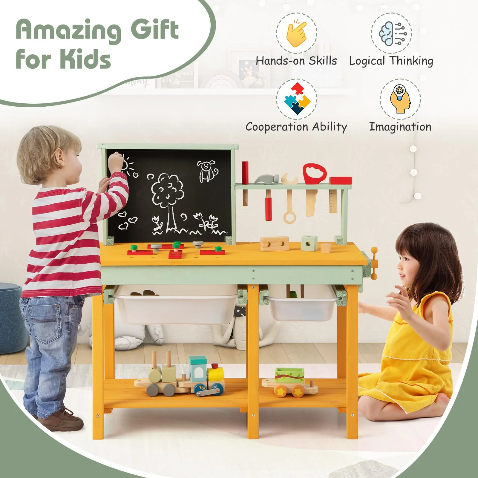 HONEY JOY Kids Wooden Toy Workbench, Deluxe Construction Bench Toy for Kids Toddlers w/Storage Space & Blackboard - Image 9