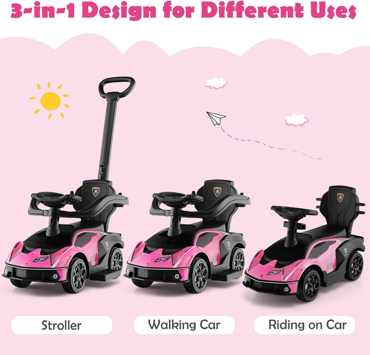 HONEY JOY Lamborghini Licensed Push Cars for Toddlers 1-3, 3 in 1 Stroller Sliding Walking Car w/Handle - Image 11