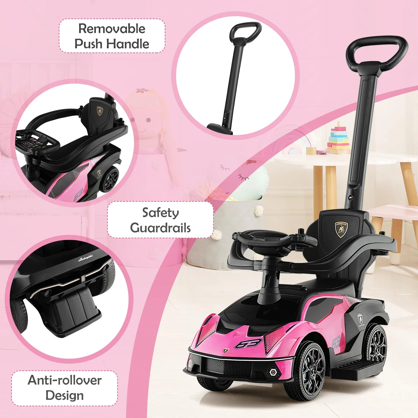 HONEY JOY Lamborghini Licensed Push Cars for Toddlers 1-3, 3 in 1 Stroller Sliding Walking Car w/Handle - Image 12