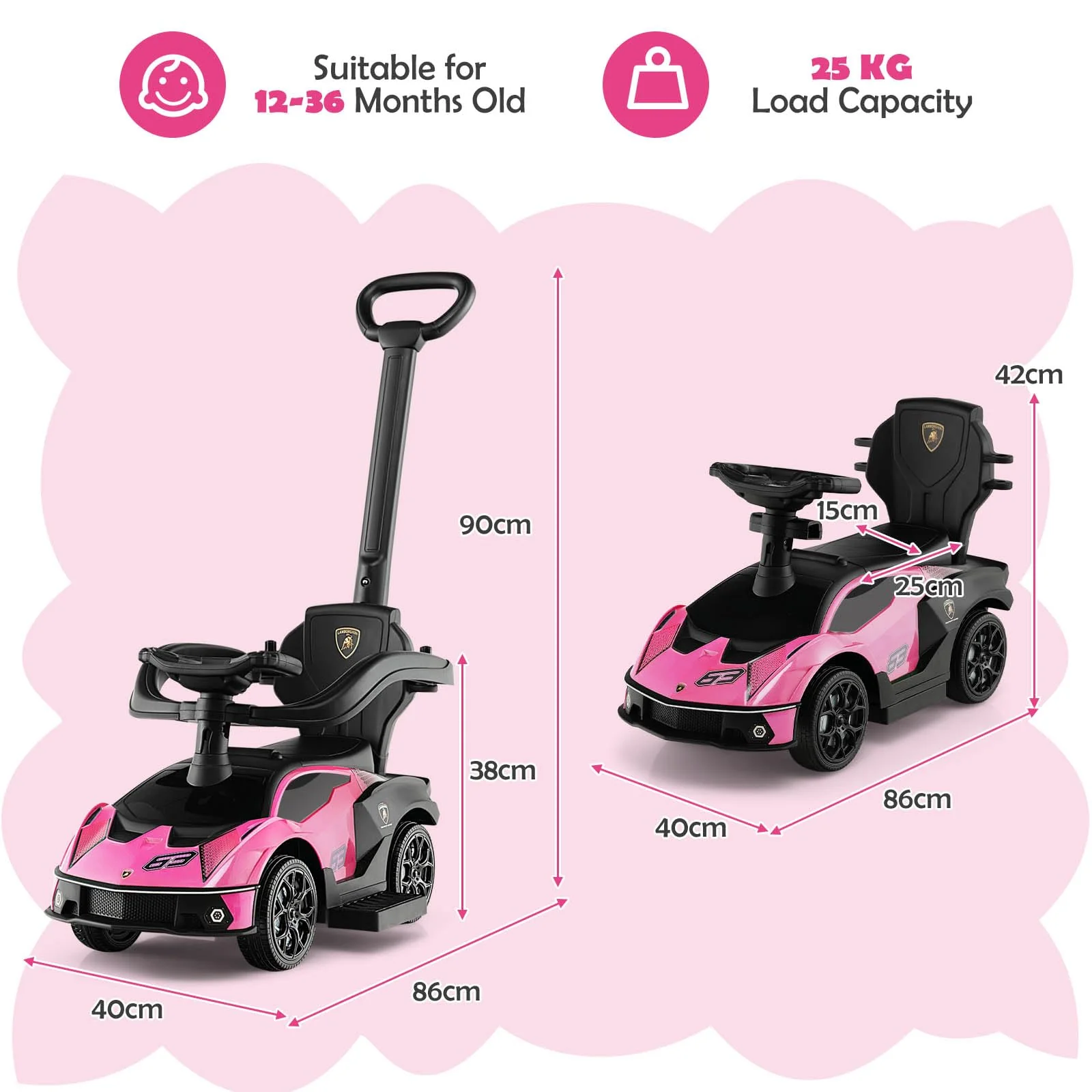 HONEY JOY Lamborghini Licensed Push Cars for Toddlers 1-3, 3 in 1 Stroller Sliding Walking Car w/Handle - Image 18