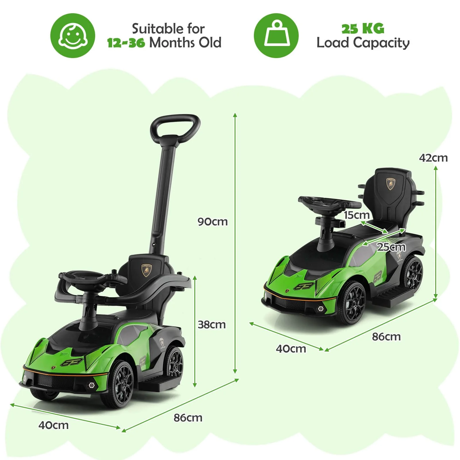 HONEY JOY Lamborghini Licensed Push Cars for Toddlers 1-3, 3 in 1 Stroller Sliding Walking Car w/Handle - Image 5
