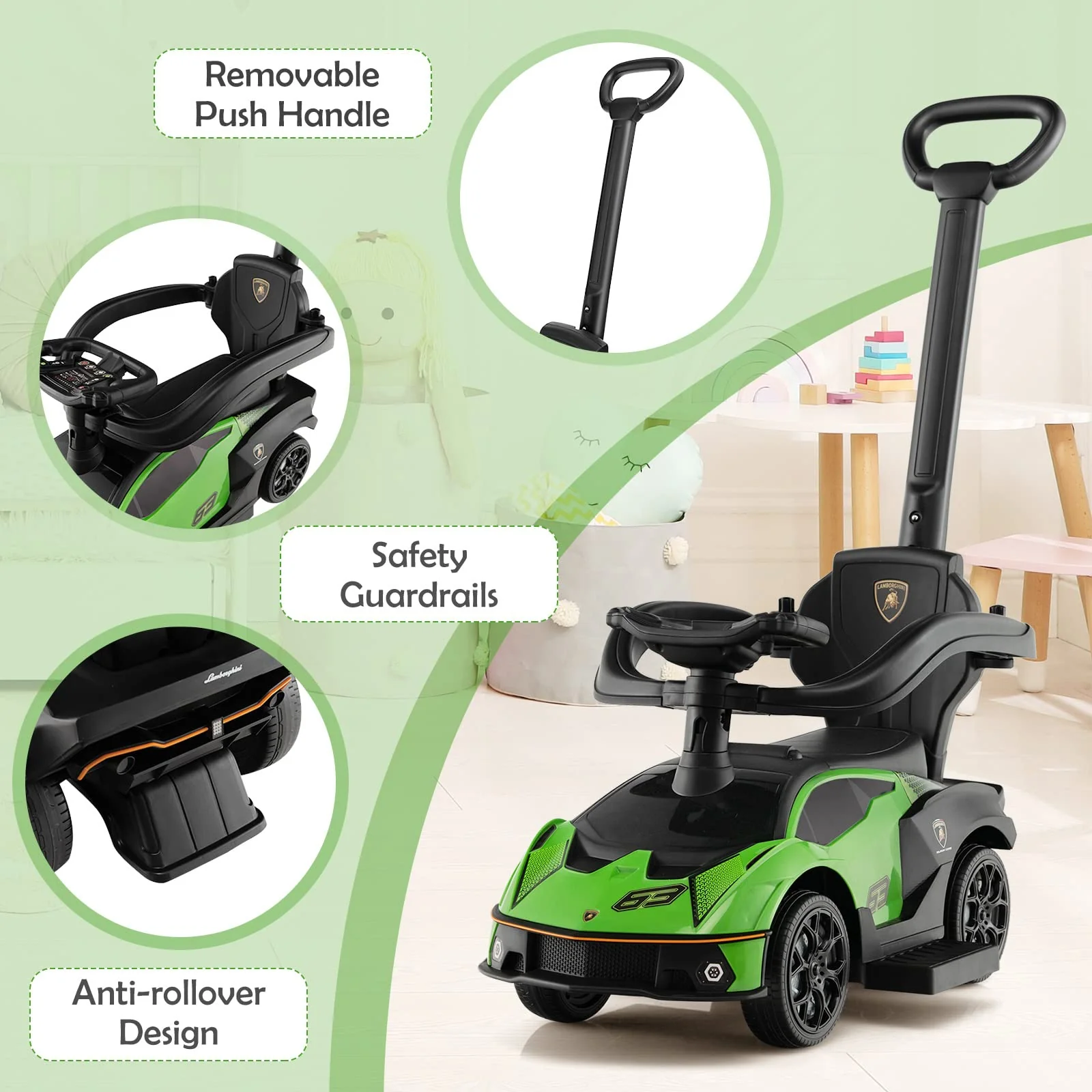 HONEY JOY Lamborghini Licensed Push Cars for Toddlers 1-3, 3 in 1 Stroller Sliding Walking Car w/Handle - Image 6