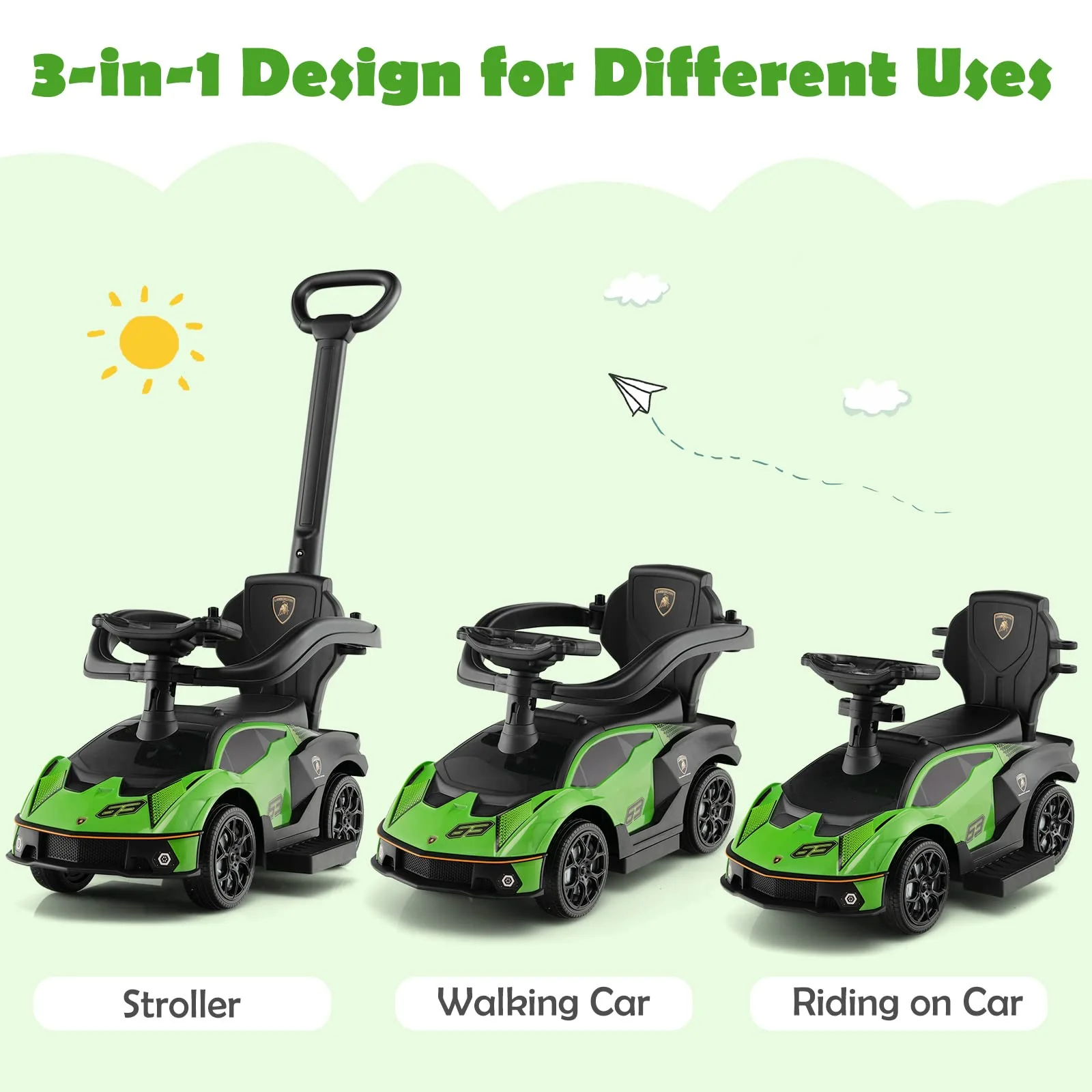 HONEY JOY Lamborghini Licensed Push Cars for Toddlers 1-3, 3 in 1 Stroller Sliding Walking Car w/Handle - Image 9