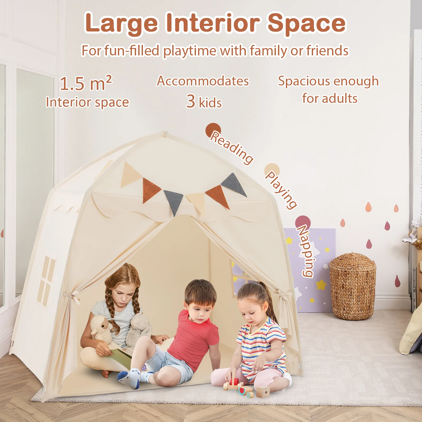 HONEY JOY Large Kids Tent, Indoor Outdoor Dome Tent Playhouse w/Bright Lights, Flags - Image 10