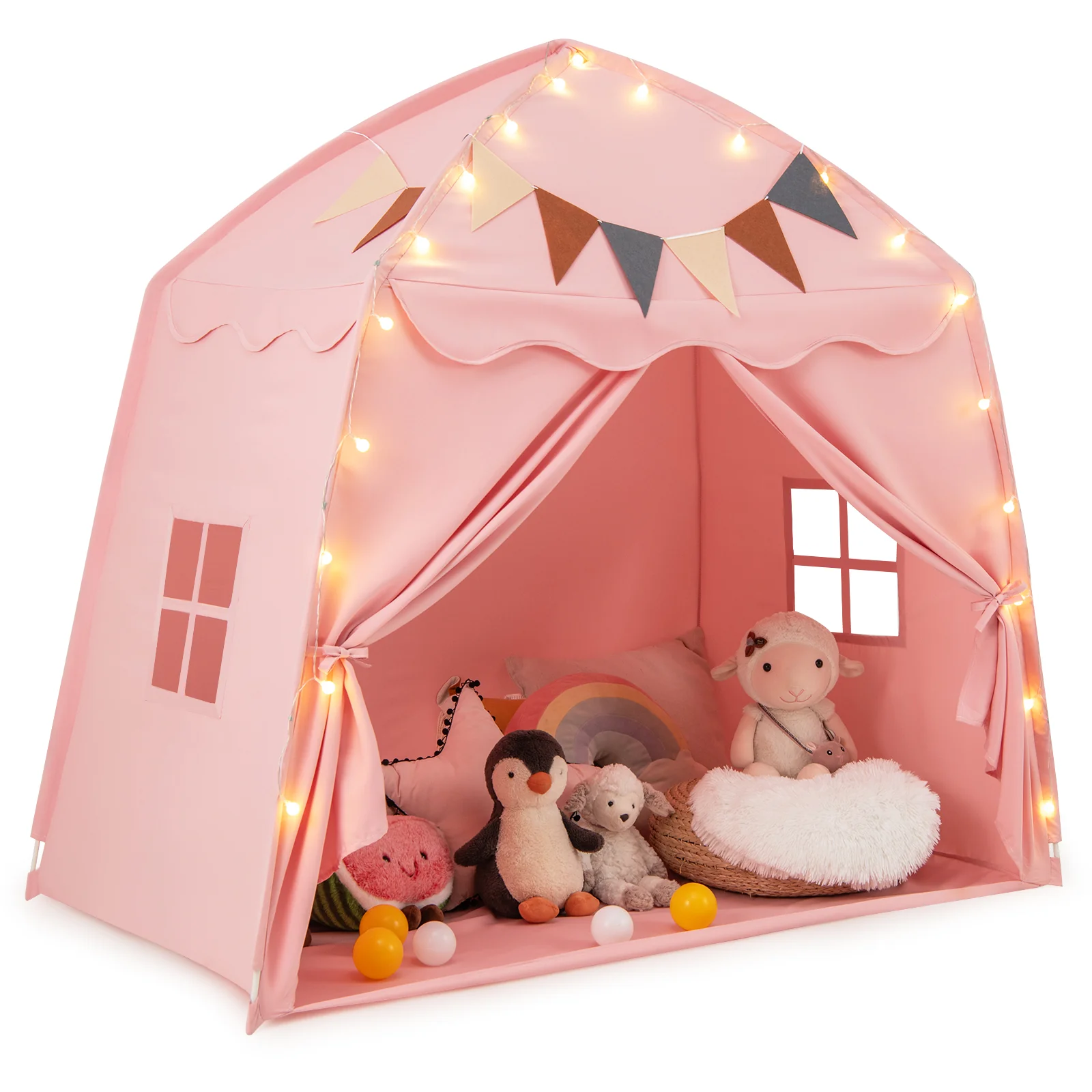 HONEY JOY Large Kids Tent, Indoor Outdoor Dome Tent Playhouse w/Bright Lights, Flags - Image 11