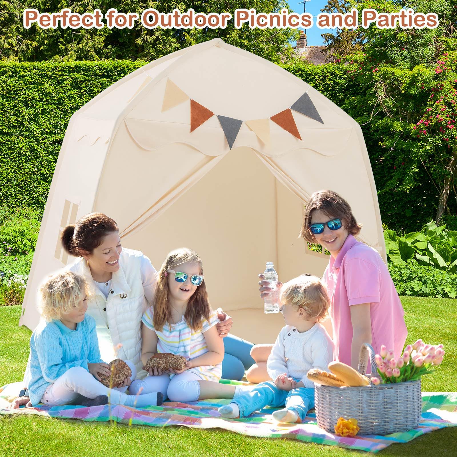 HONEY JOY Large Kids Tent, Indoor Outdoor Dome Tent Playhouse w/Bright Lights, Flags - Image 3
