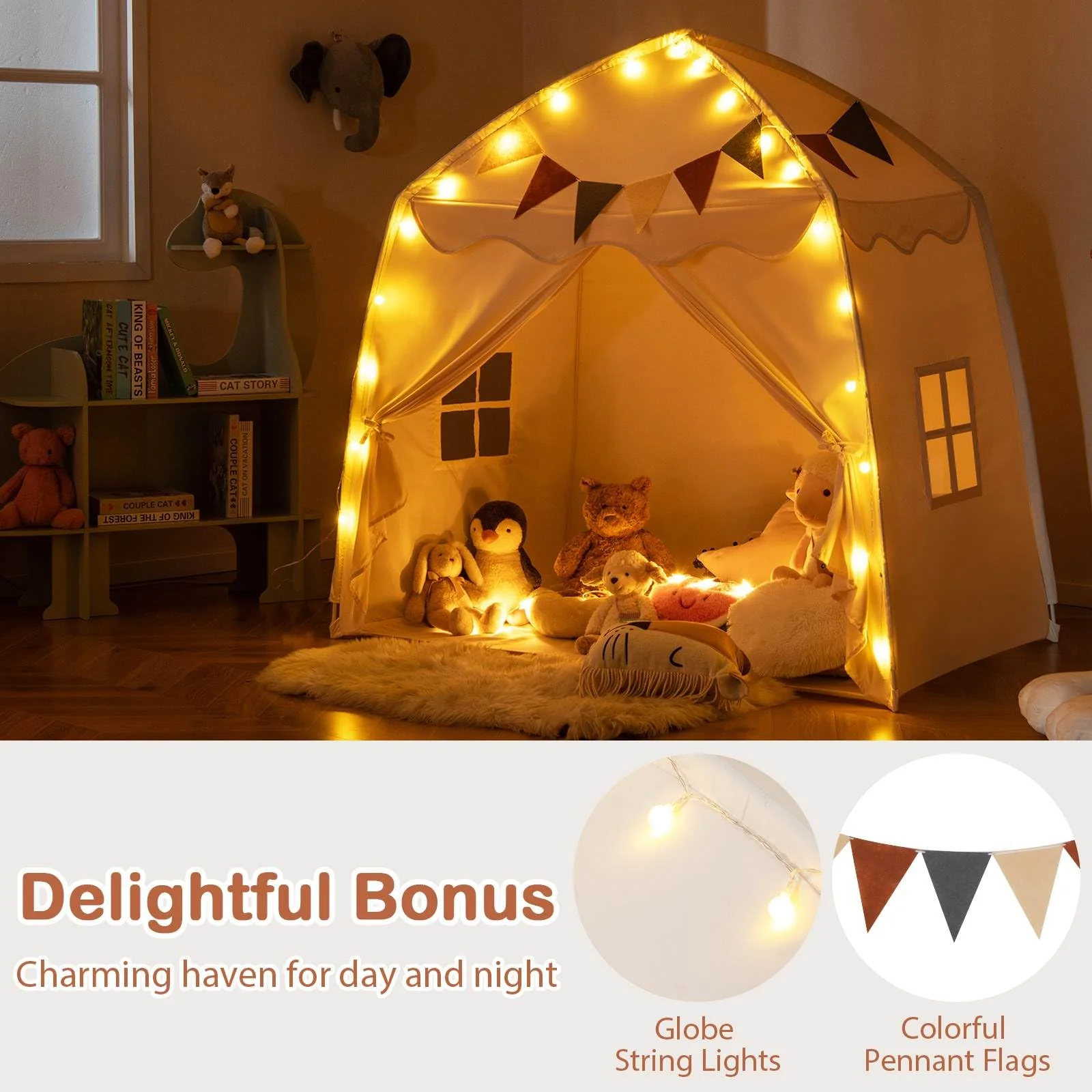 HONEY JOY Large Kids Tent, Indoor Outdoor Dome Tent Playhouse w/Bright Lights, Flags - Image 5