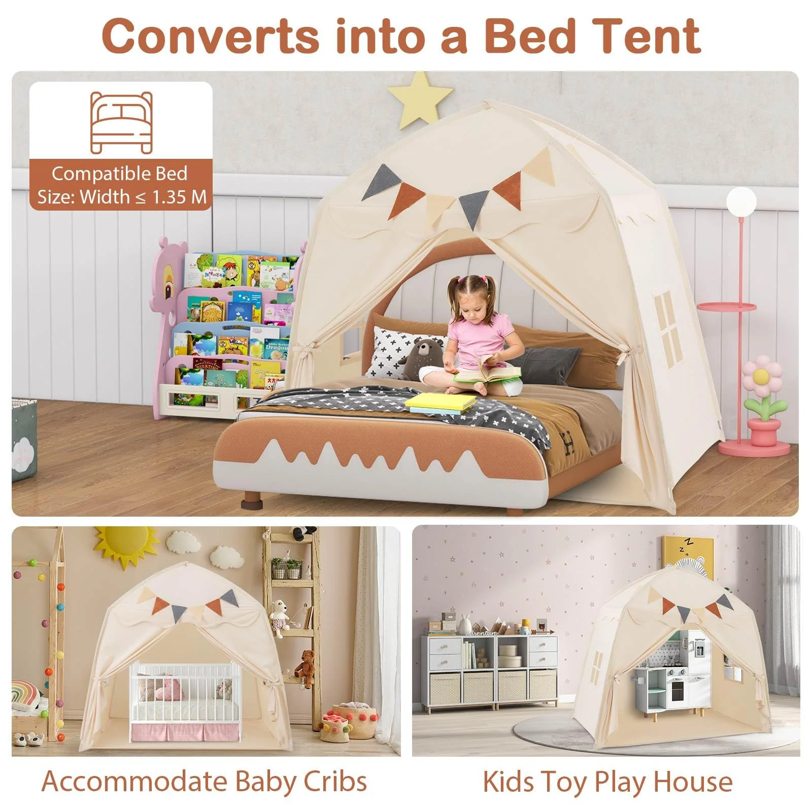 HONEY JOY Large Kids Tent, Indoor Outdoor Dome Tent Playhouse w/Bright Lights, Flags - Image 6