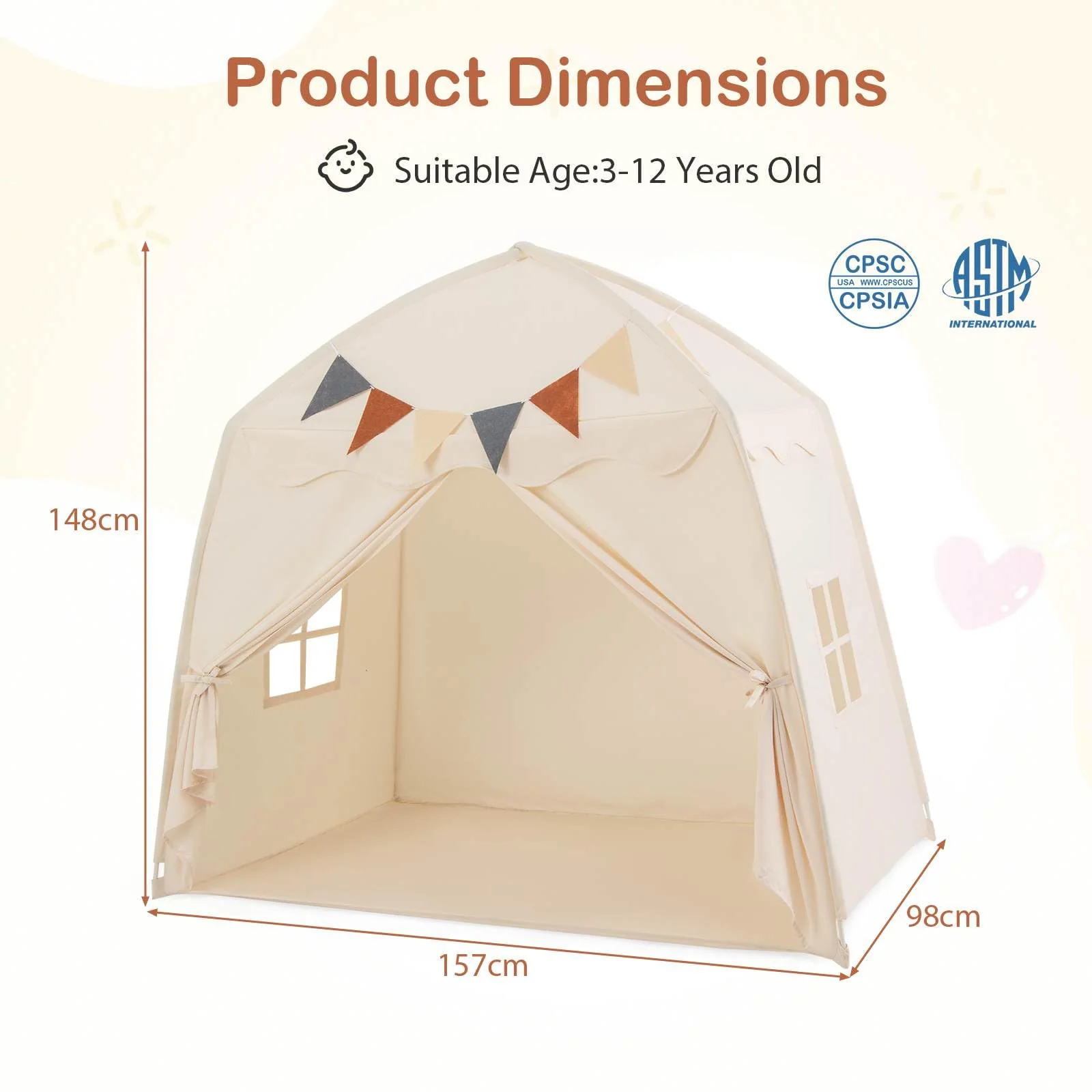 HONEY JOY Large Kids Tent, Indoor Outdoor Dome Tent Playhouse w/Bright Lights, Flags - Image 8
