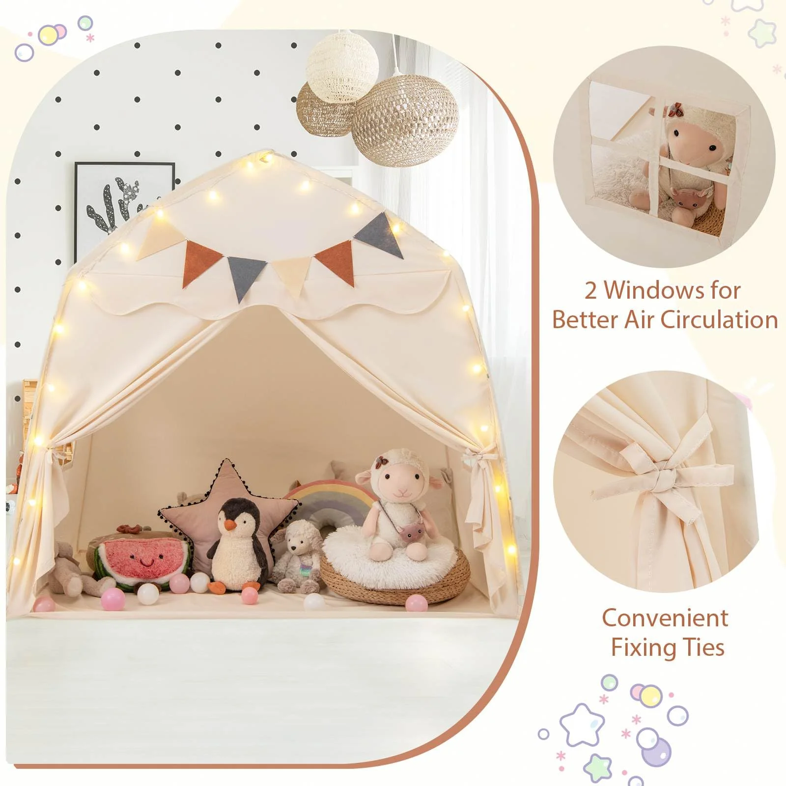 HONEY JOY Large Kids Tent, Indoor Outdoor Dome Tent Playhouse w/Bright Lights, Flags - Image 9