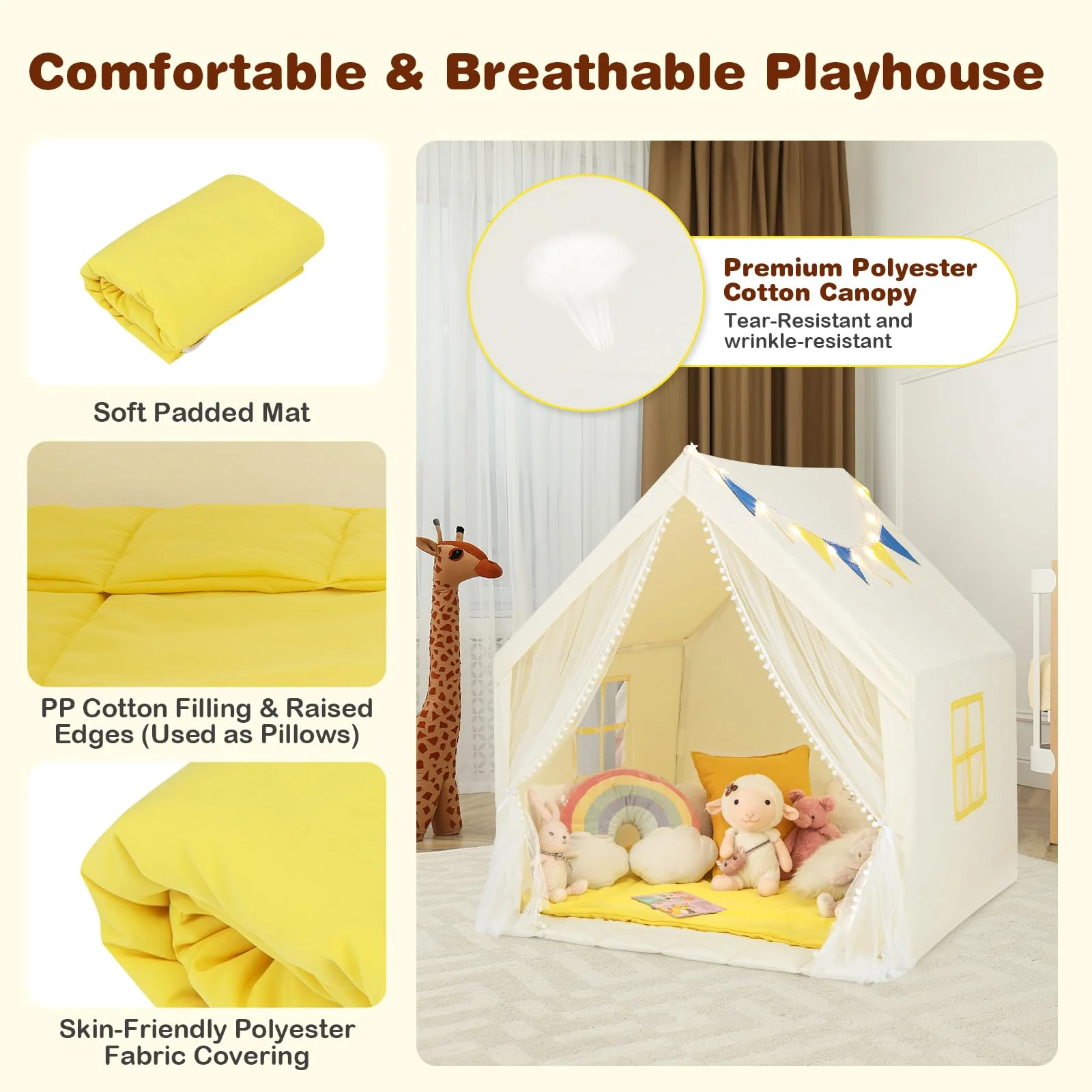 HONEY JOY Large Play Tent, Kids & Toddlers Playhouse with Washable Cotton Mat, Star Lights, Windows - Image 3