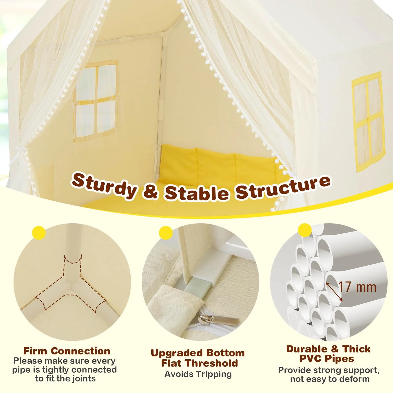 HONEY JOY Large Play Tent, Kids & Toddlers Playhouse with Washable Cotton Mat, Star Lights, Windows - Image 4