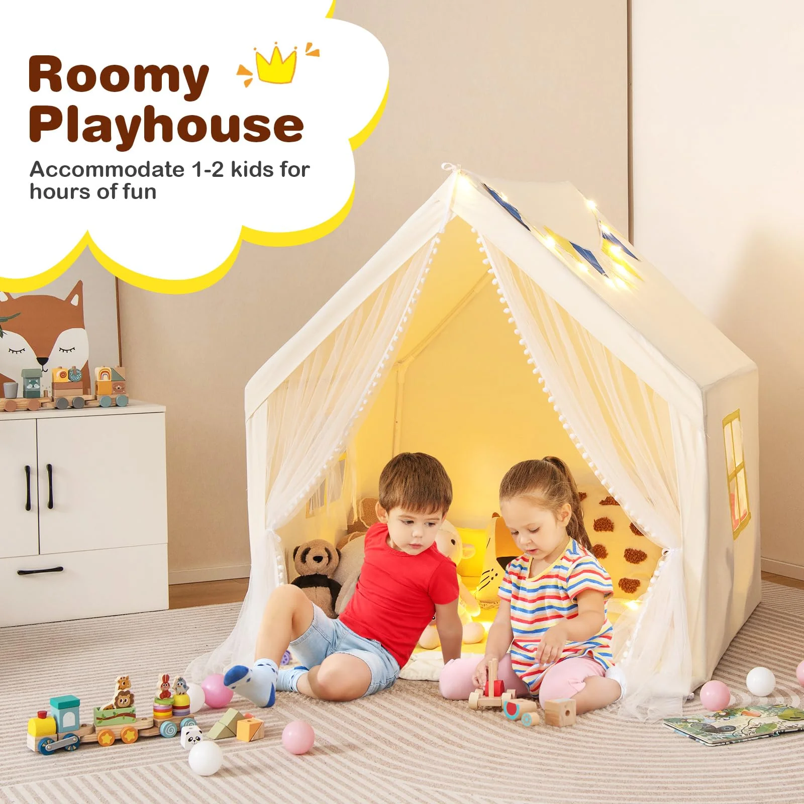 HONEY JOY Large Play Tent, Kids & Toddlers Playhouse with Washable Cotton Mat, Star Lights, Windows - Image 7
