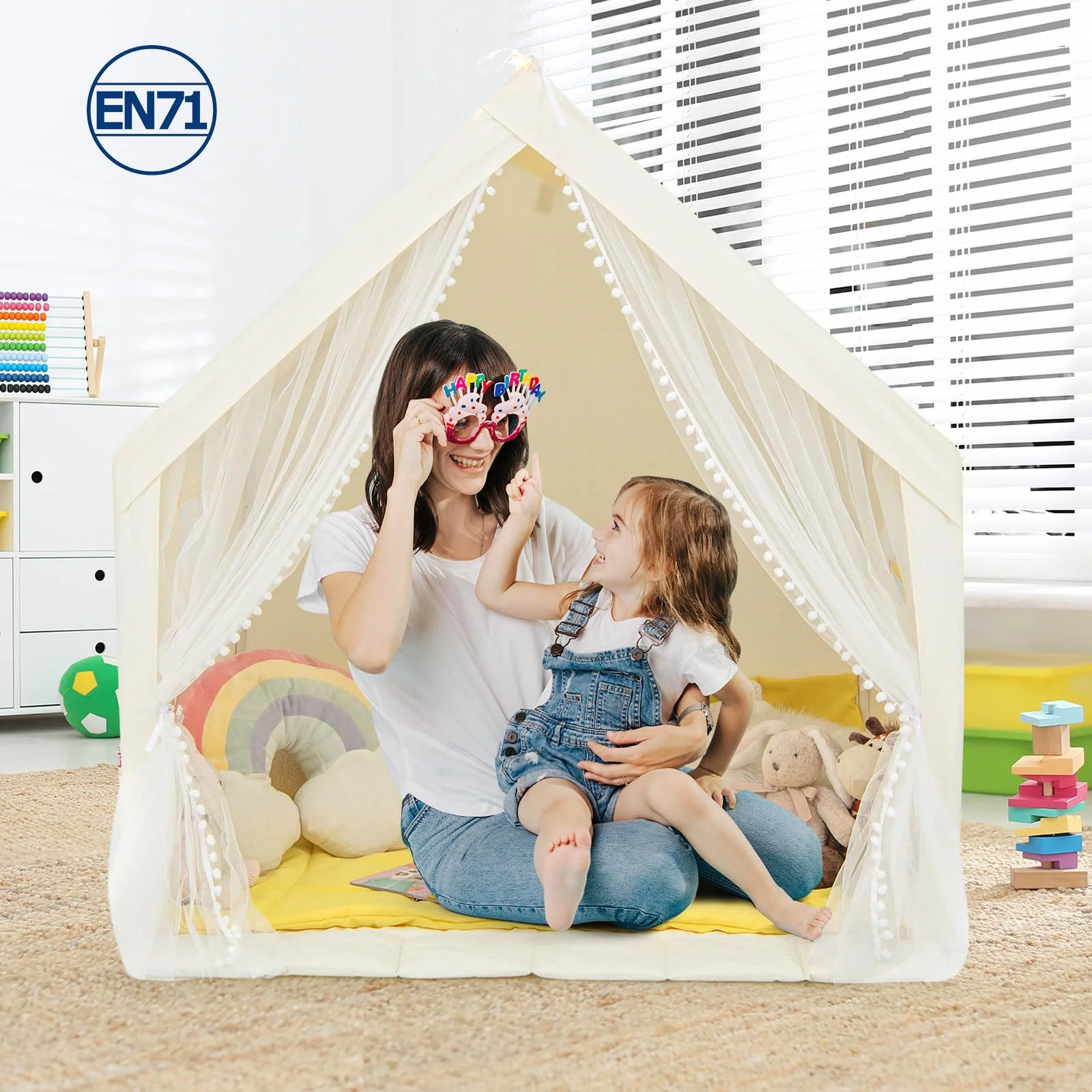 HONEY JOY Large Play Tent, Kids & Toddlers Playhouse with Washable Cotton Mat, Star Lights, Windows - Image 9