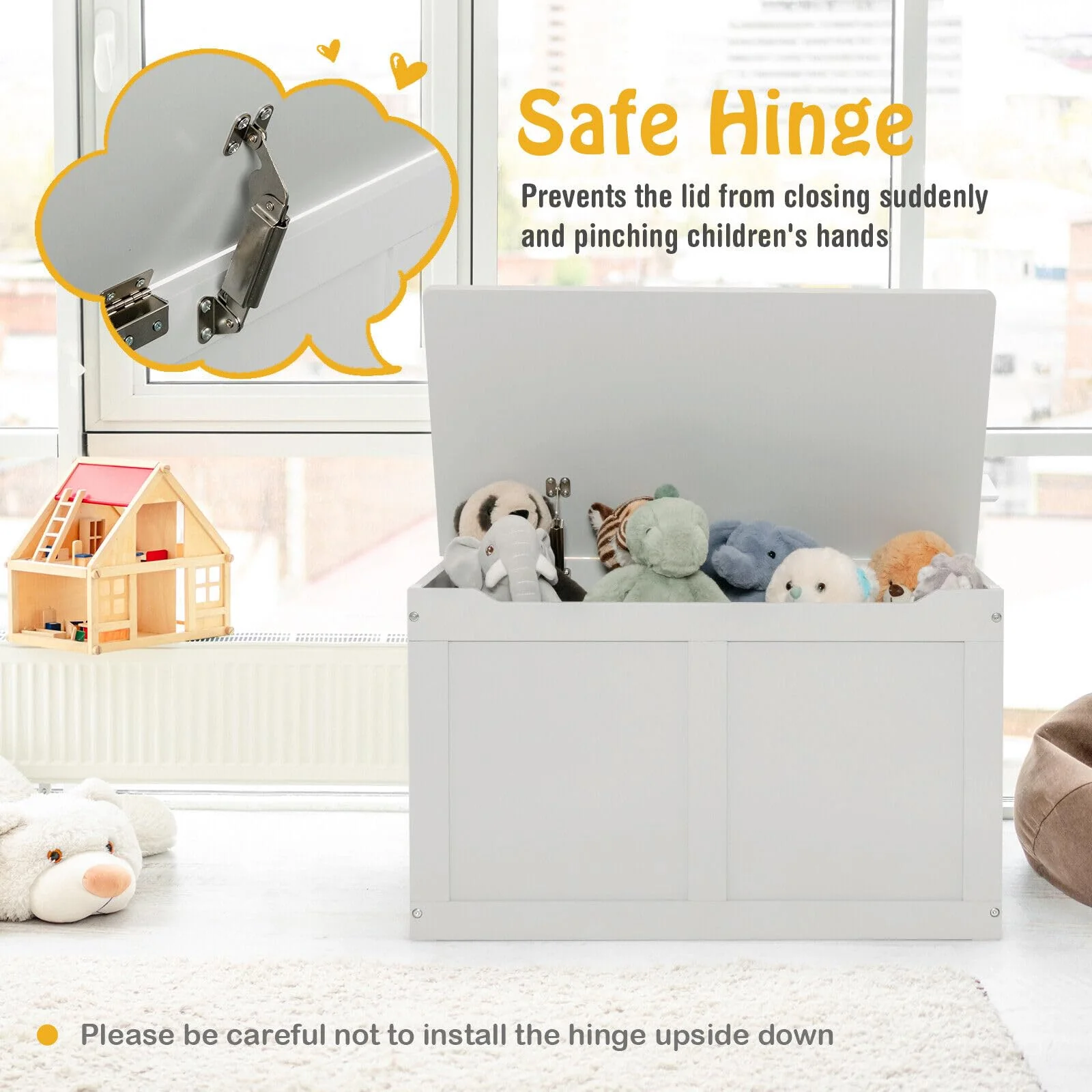 HONEY JOY Large Toy Storage Box, Wooden Storage Chest Organiser w/Safety Hinged Lid - Image 4