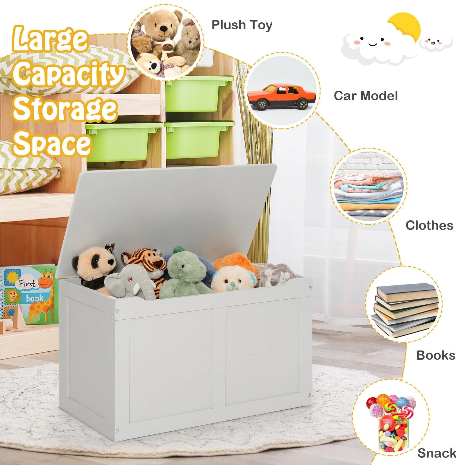 HONEY JOY Large Toy Storage Box, Wooden Storage Chest Organiser w/Safety Hinged Lid - Image 5