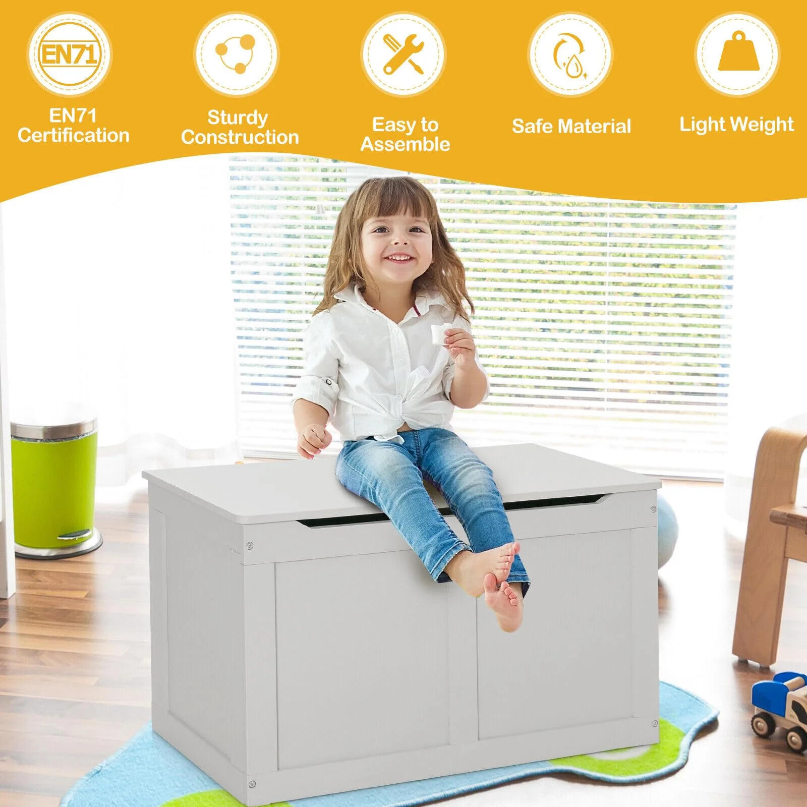 HONEY JOY Large Toy Storage Box, Wooden Storage Chest Organiser w/Safety Hinged Lid - Image 6