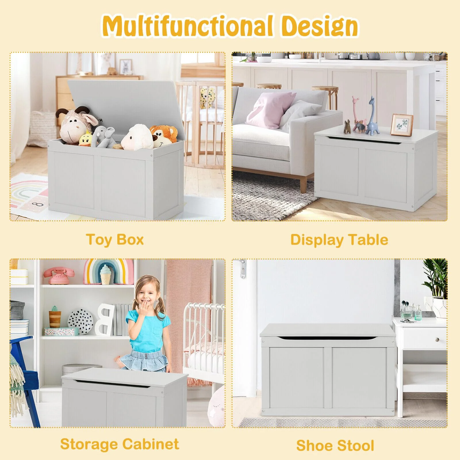 HONEY JOY Large Toy Storage Box, Wooden Storage Chest Organiser w/Safety Hinged Lid - Image 7