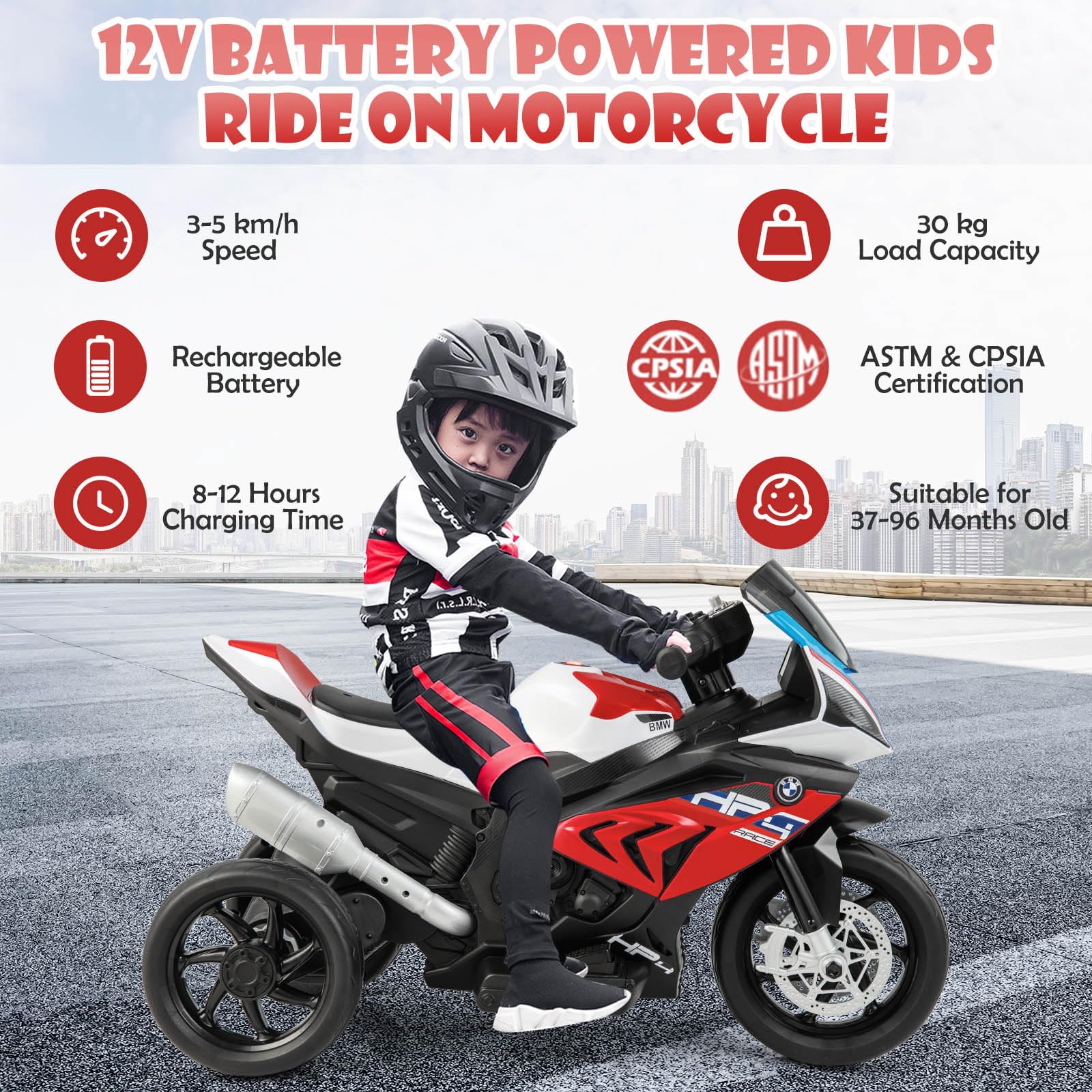 HONEY JOY Licensed BMW 12V Kids Ride on Motorcycle Electric Ride on Toy 3 Wheels - Image 3