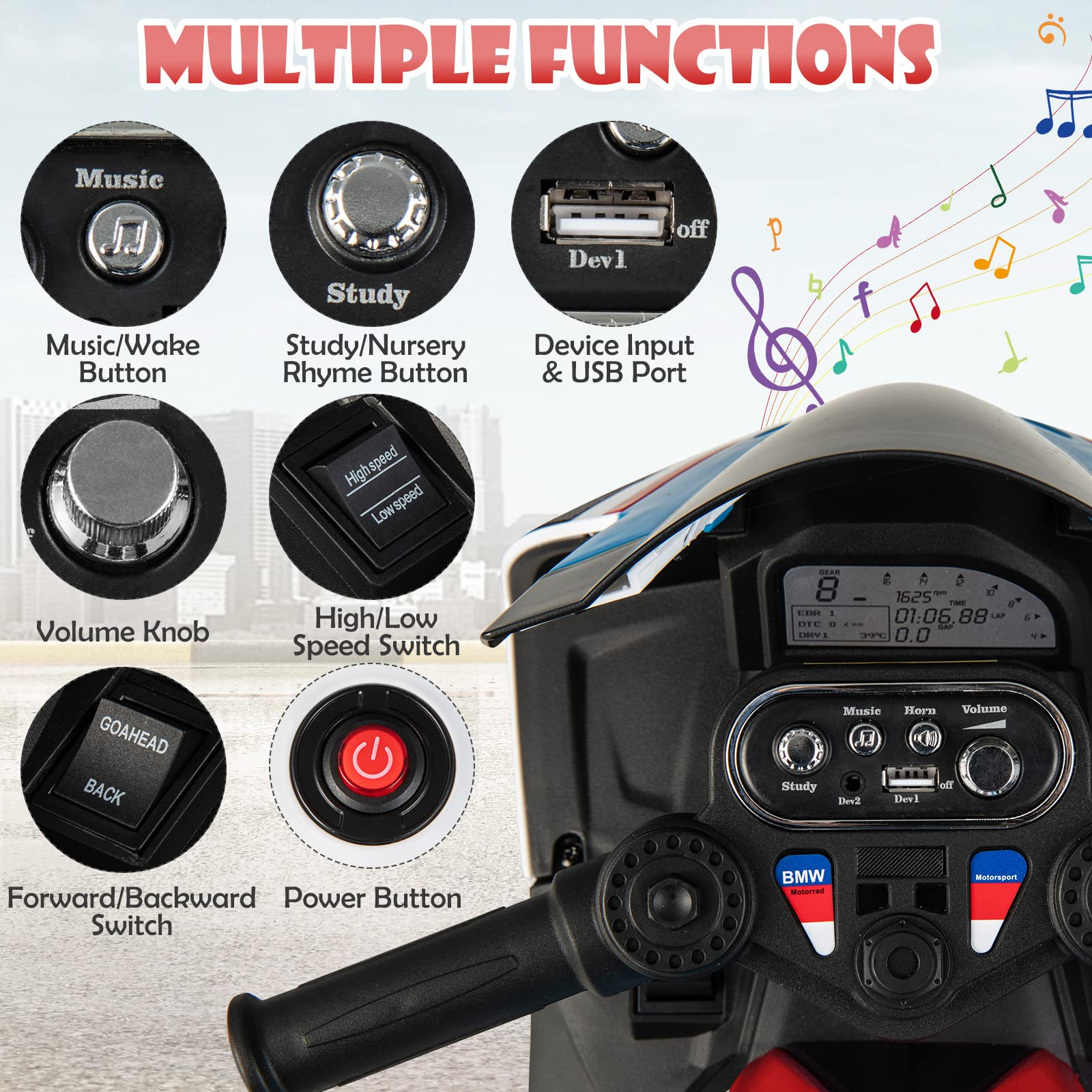 HONEY JOY Licensed BMW 12V Kids Ride on Motorcycle Electric Ride on Toy 3 Wheels - Image 4