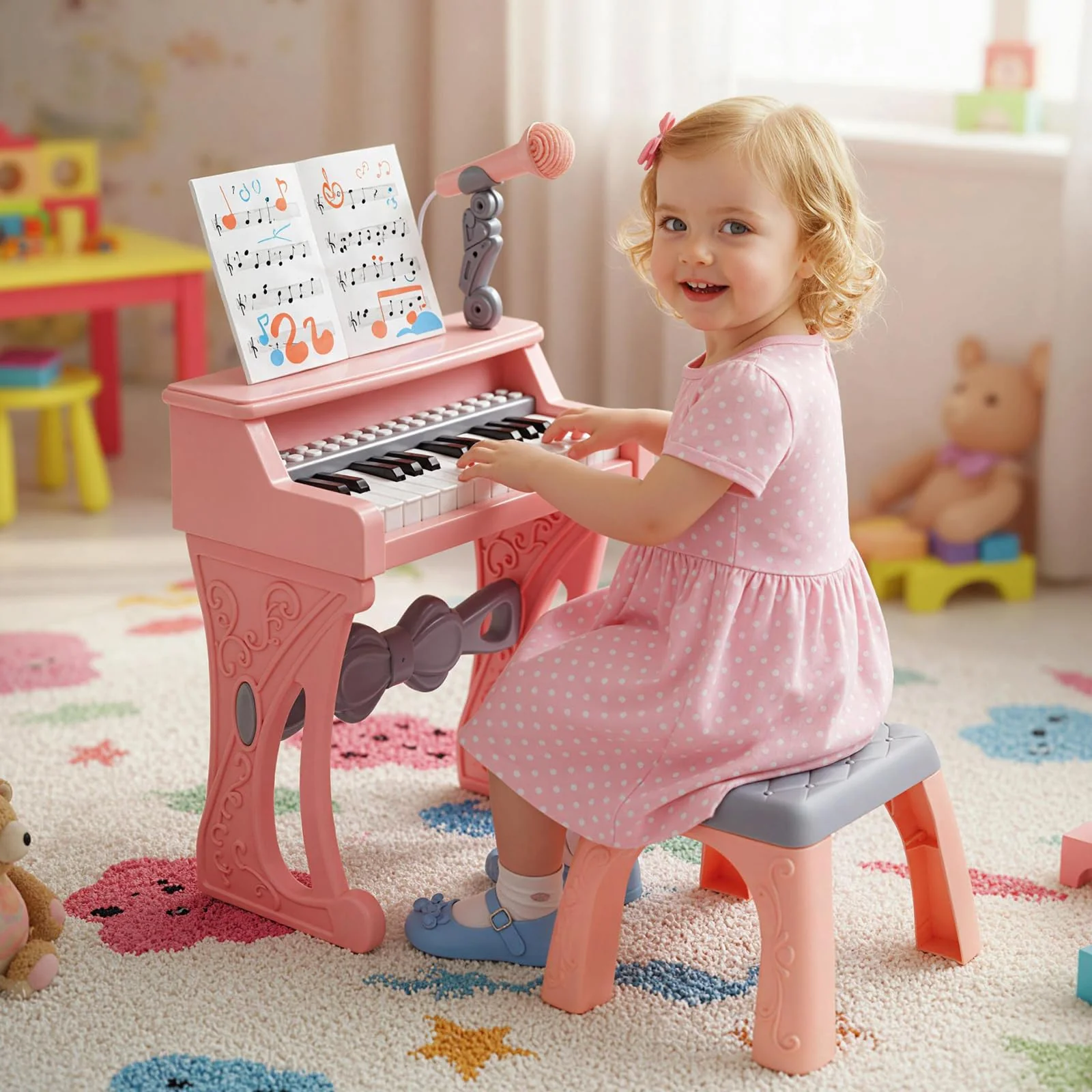HONEY JOY Mini Keyboard Piano for Kids, 25 Keys Electric Piano w/Stool - Image 2