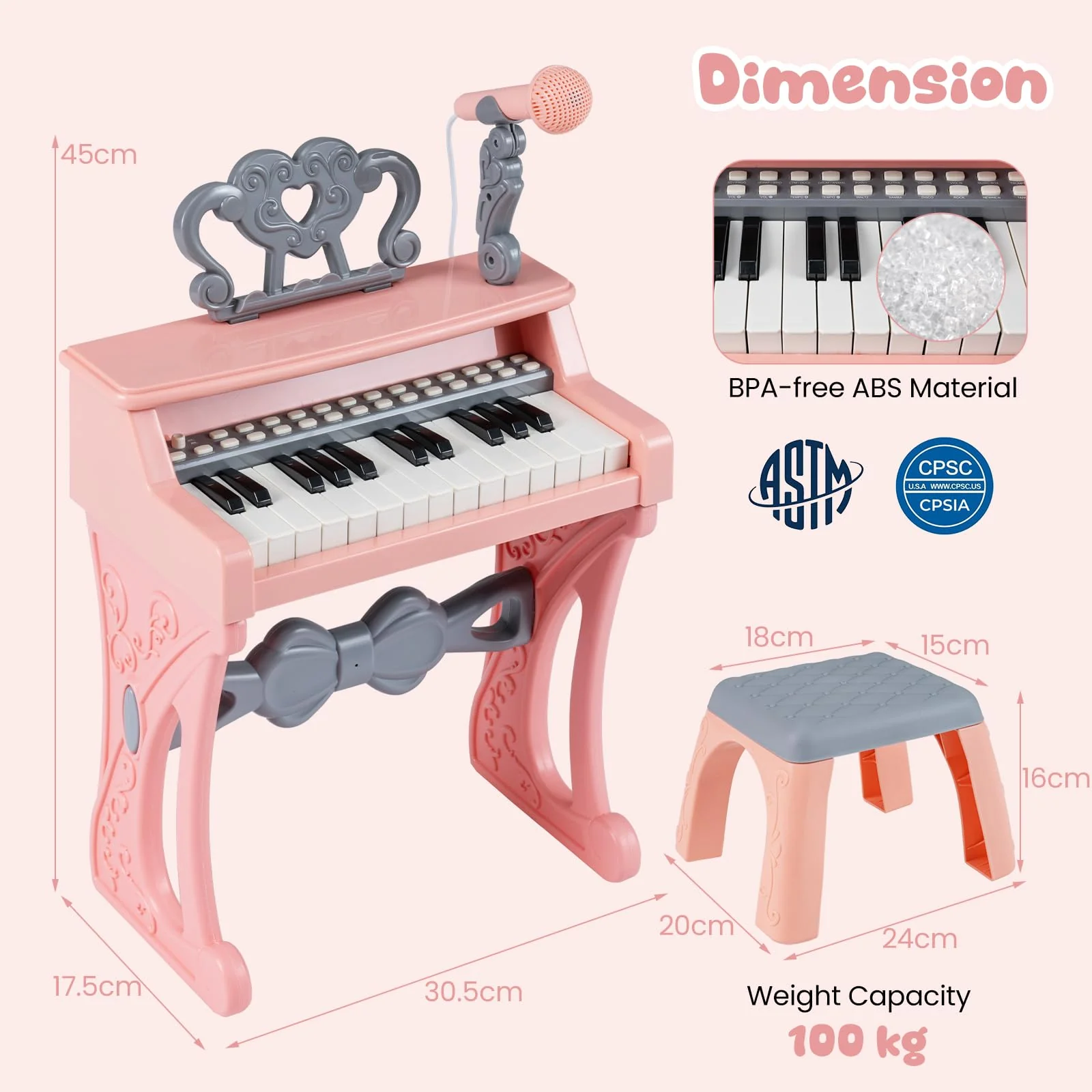 HONEY JOY Mini Keyboard Piano for Kids, 25 Keys Electric Piano w/Stool - Image 3