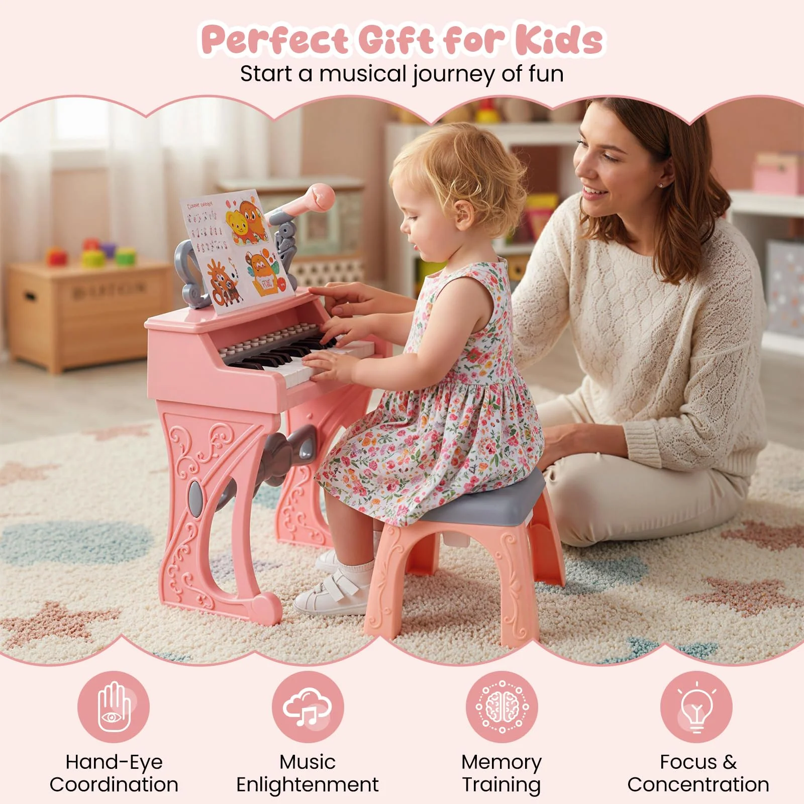 HONEY JOY Mini Keyboard Piano for Kids, 25 Keys Electric Piano w/Stool - Image 9