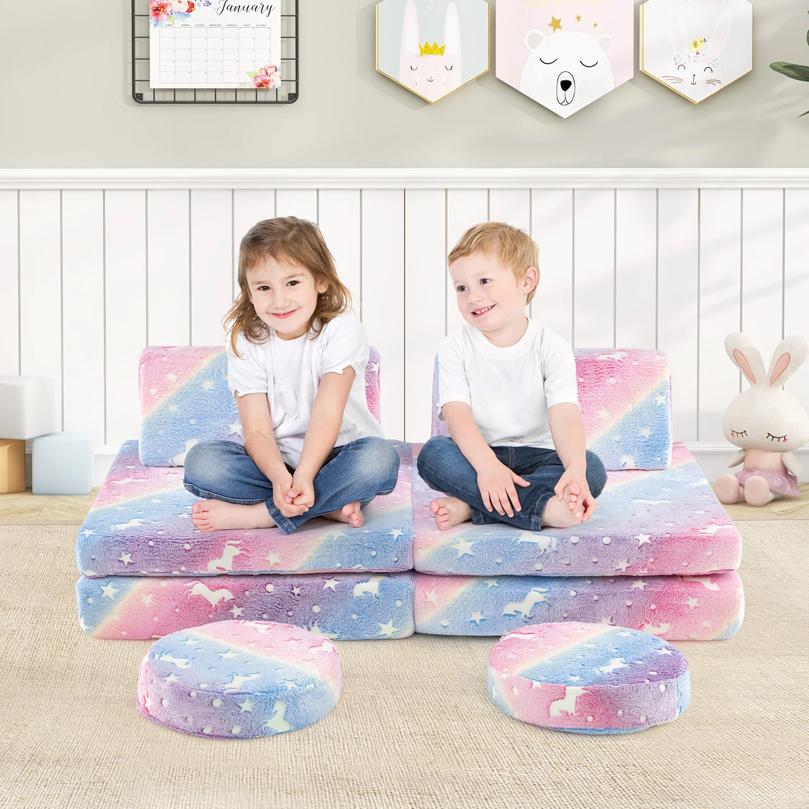 HONEY JOY Modular Kids Play Couch Set, 6 PCS Glow in The Dark Fold Out Children Sofa Couch Chair w/Machine-Washable Flannel Covers - Image 2