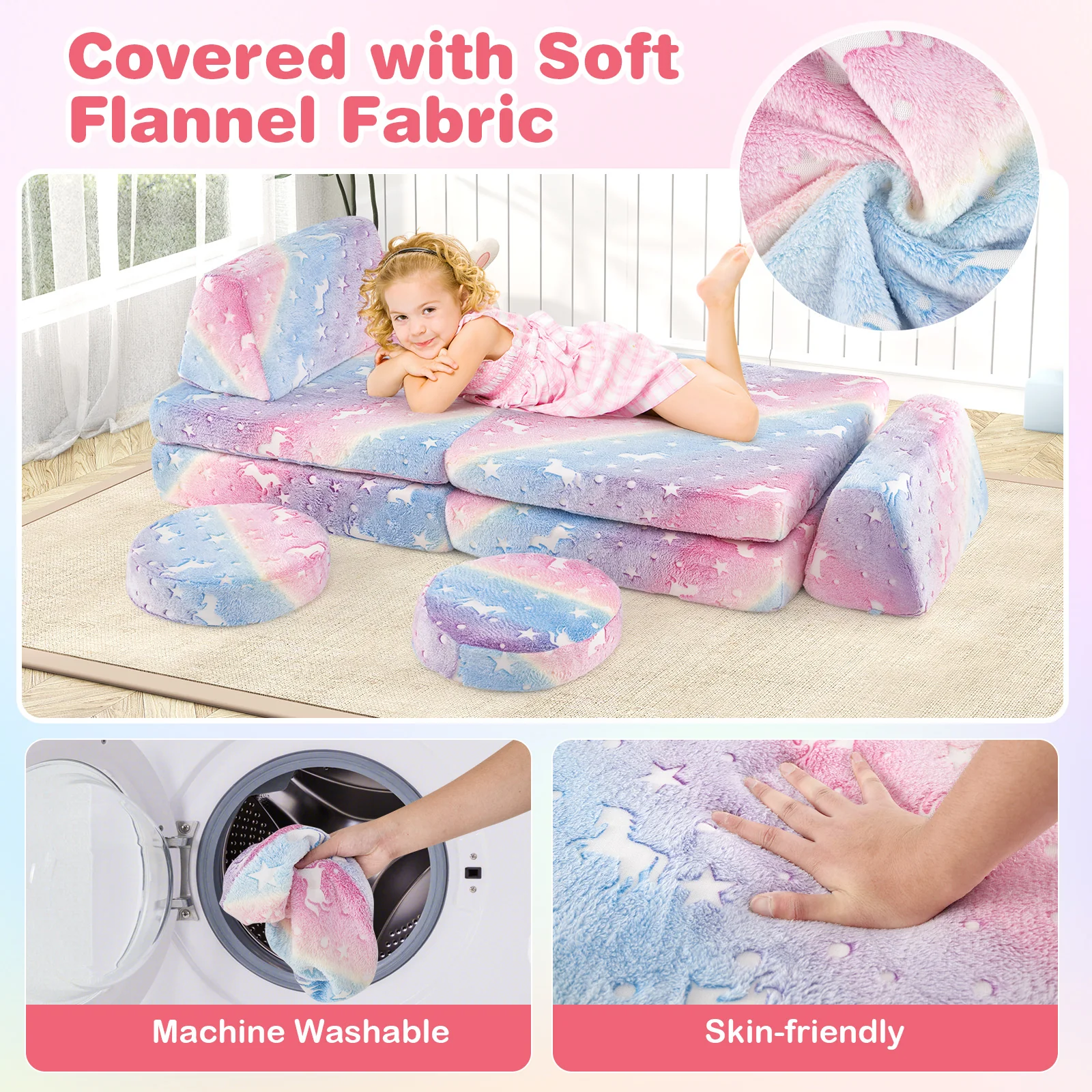 HONEY JOY Modular Kids Play Couch Set, 6 PCS Glow in The Dark Fold Out Children Sofa Couch Chair w/Machine-Washable Flannel Covers - Image 5