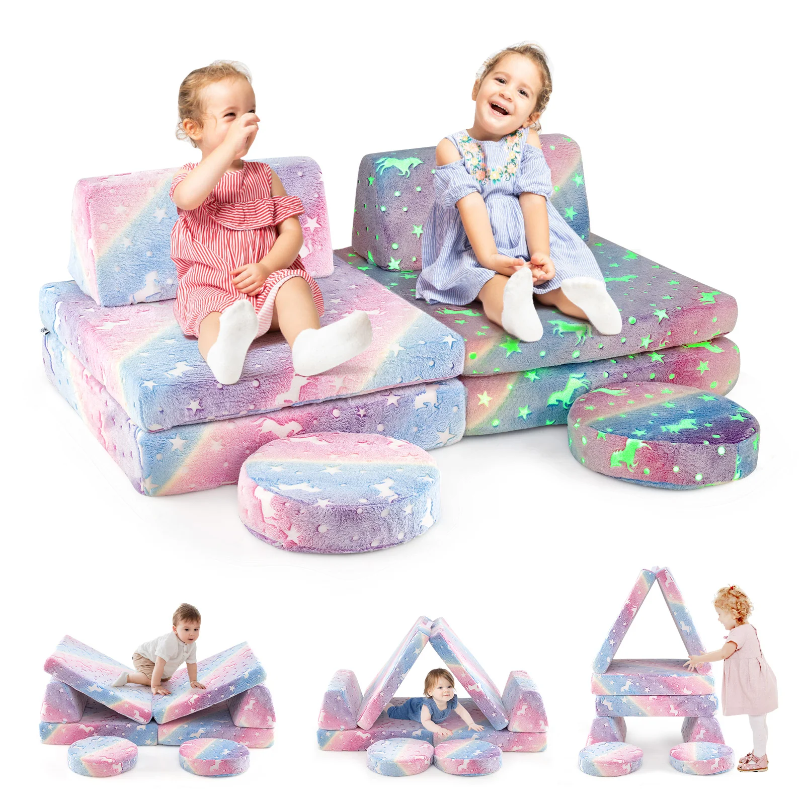 HONEY JOY Modular Kids Play Couch Set, 6 PCS Glow in The Dark Fold Out Children Sofa Couch Chair w/Machine-Washable Flannel Covers - Image 6