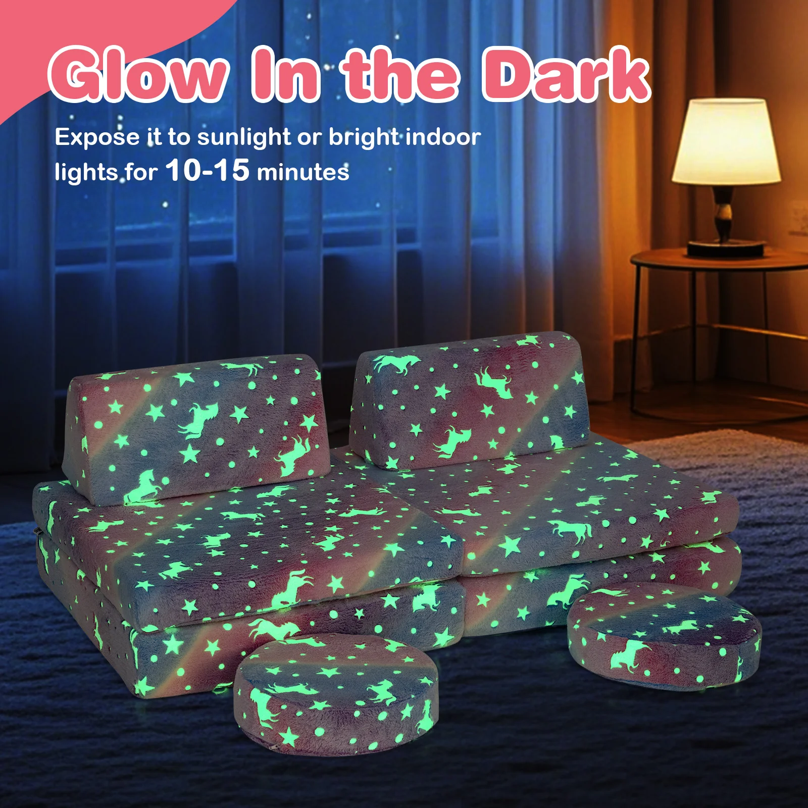 HONEY JOY Modular Kids Play Couch Set, 6 PCS Glow in The Dark Fold Out Children Sofa Couch Chair w/Machine-Washable Flannel Covers - Image 7